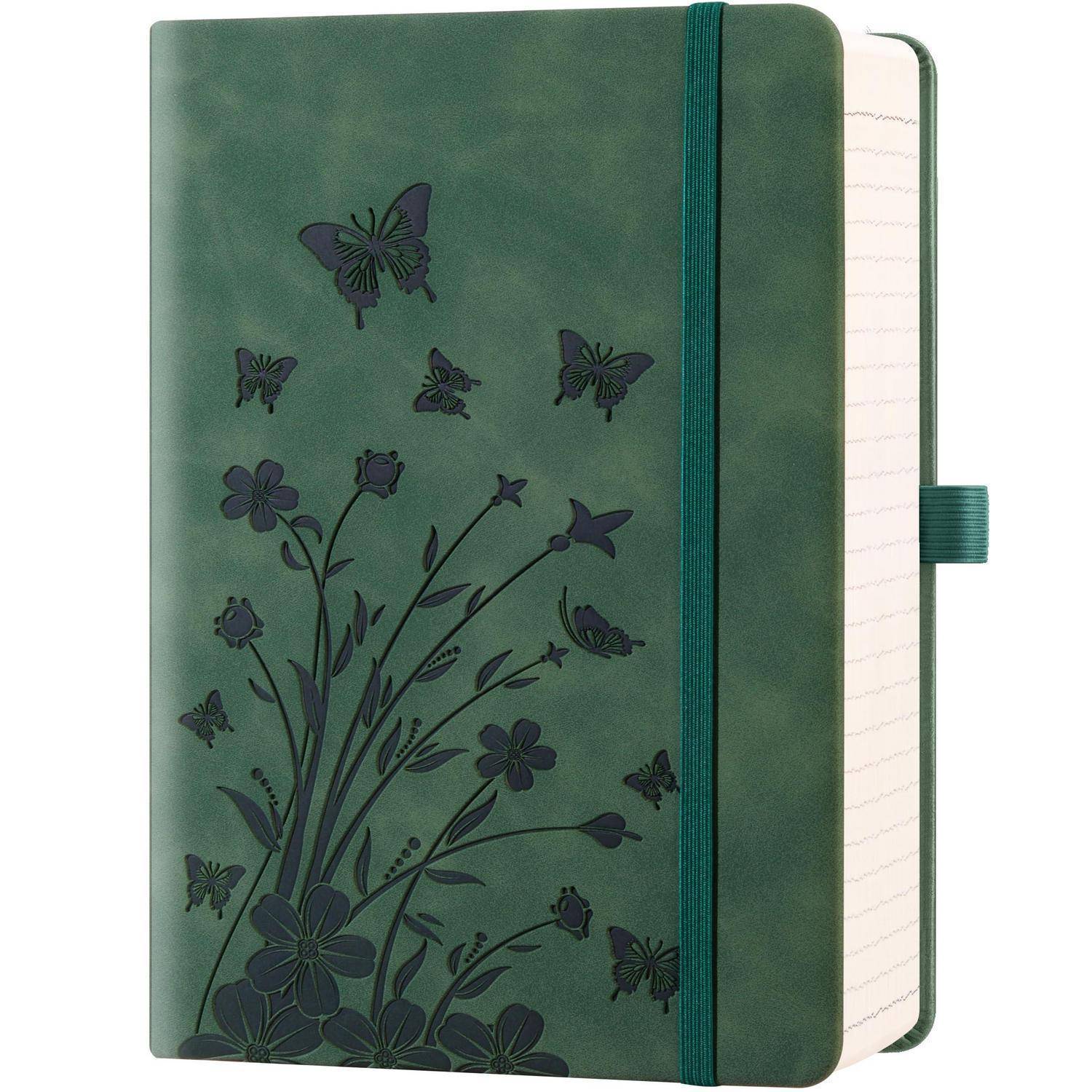 Grünes Hardcover-Notizbuch mit Schmetterlings- und Blumendesign, weiße linierte Seiten sichtbar und ein türkisfarbenes elastisches Verschlussband.