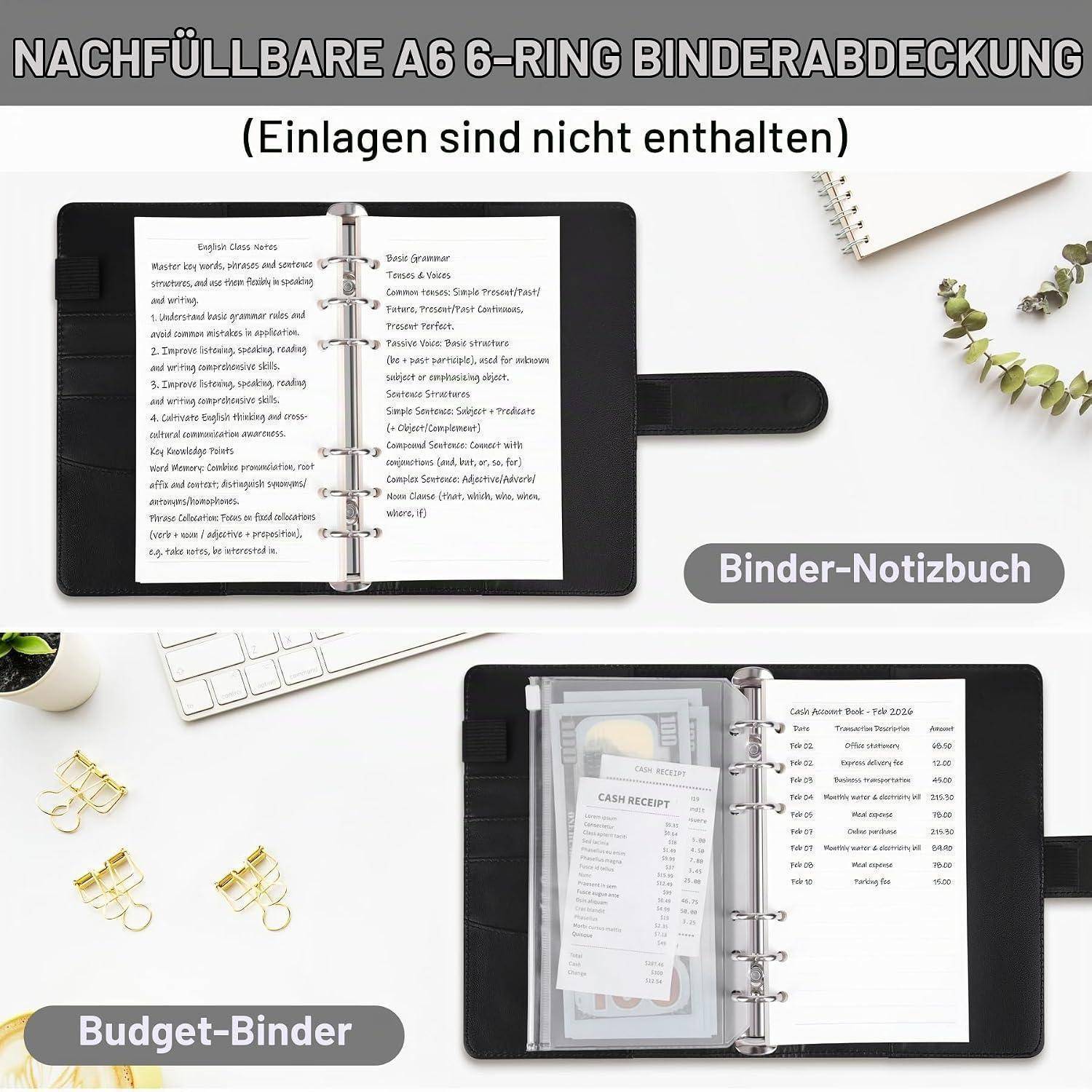 Werbebild einer nachfüllbaren A6-6er-Ring-Binderhülle mit Beispieleinsätzen, das die Verwendung als Bindernotizbuch und Budget-Binder zeigt.