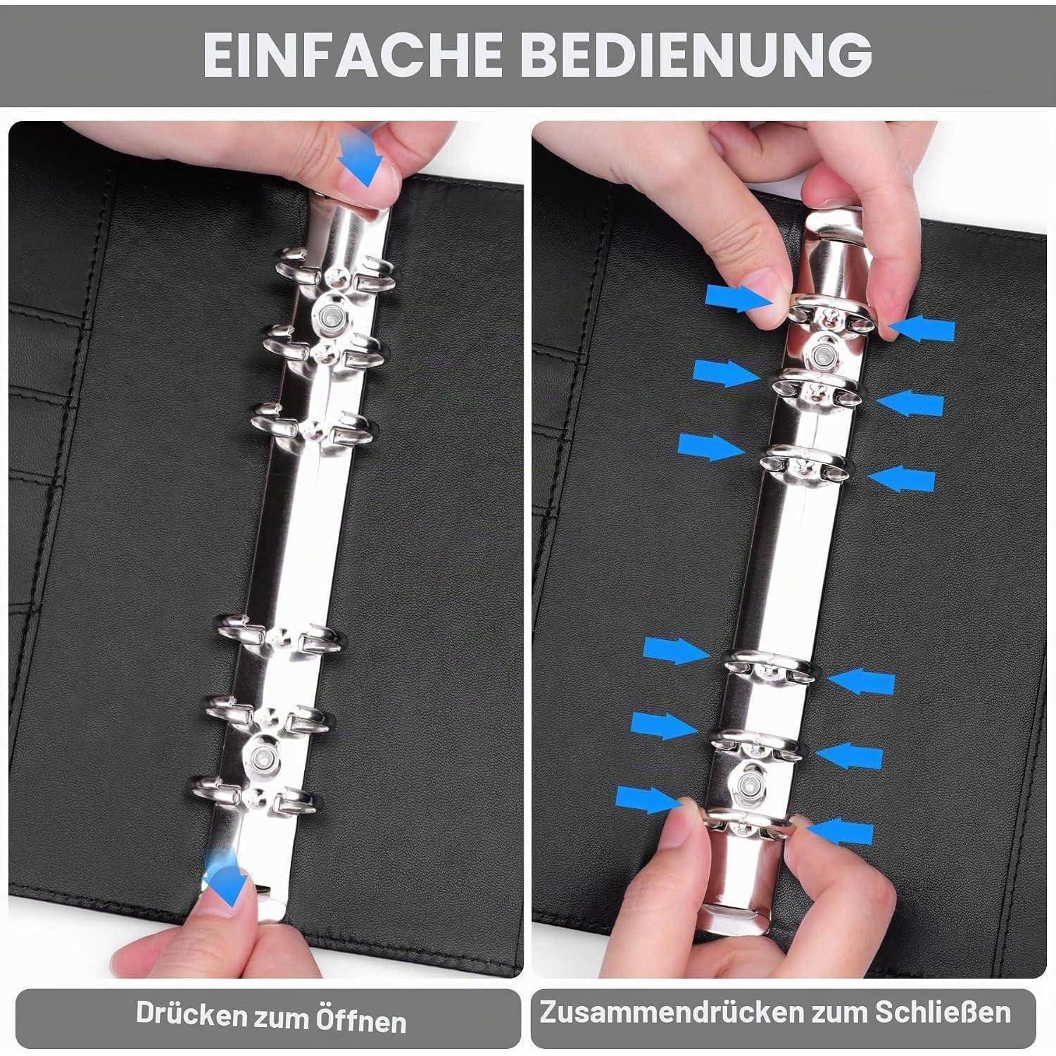 Diagramm eines Ringbindermechanismus mit der Aufschrift „Einfache Bedienung