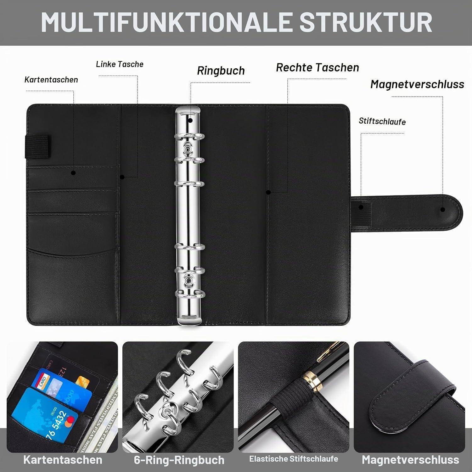 Multifunktionaler Binderorganizer mit Kartentaschen, linken und rechten Taschen, 6-Ring-Mechanismus, elastischer Stifthalter und magnetischem Verschluss.