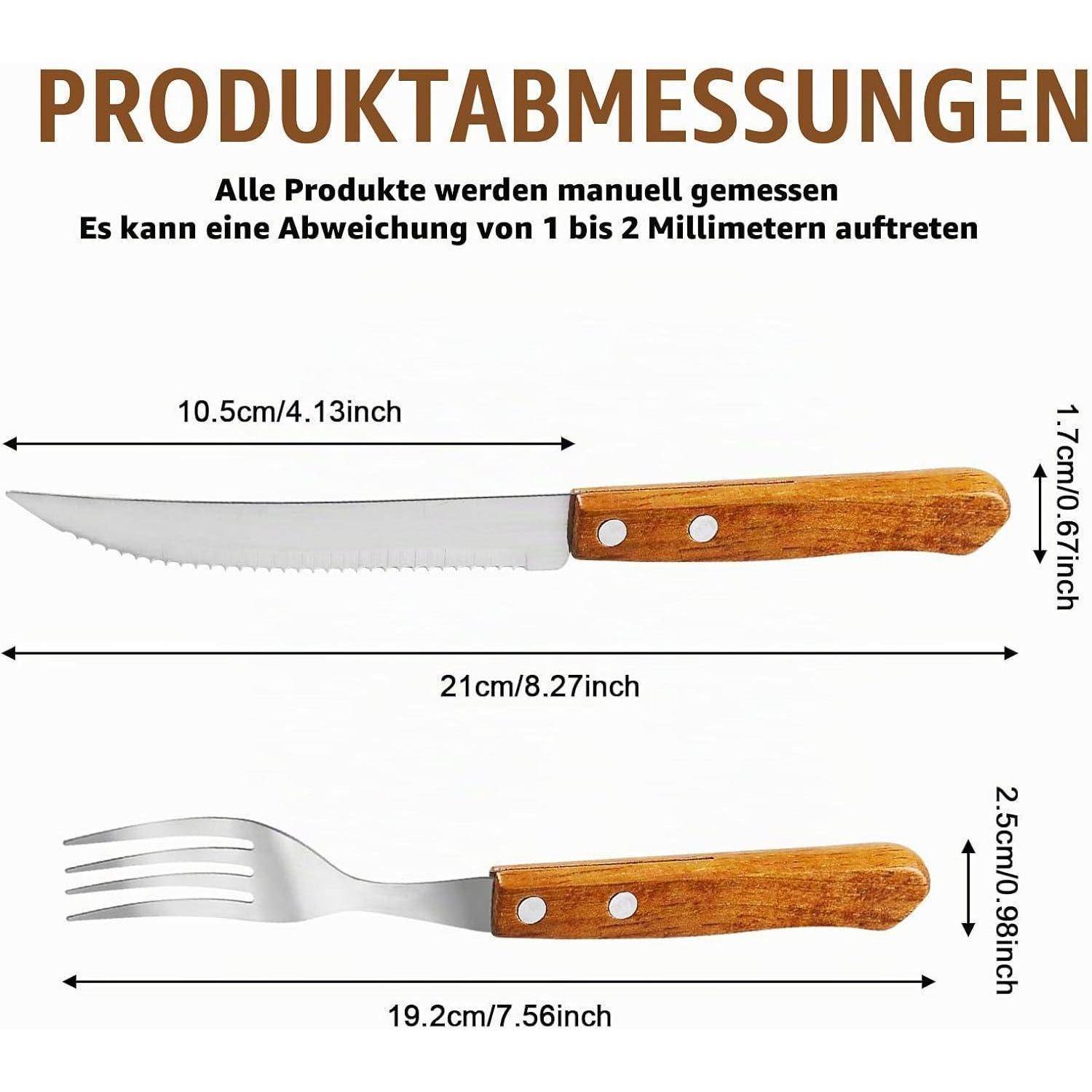 Produktmessungsabbildung zeigt ein gezahntes Messer und eine Gabel mit gekennzeichneten Längen: Messer 21 cm Gesamtlänge, 10,5 cm Klinge, 1,7 cm Höhe; Gabel 19,2 cm Gesamtlänge, 2,5 cm Höhe.