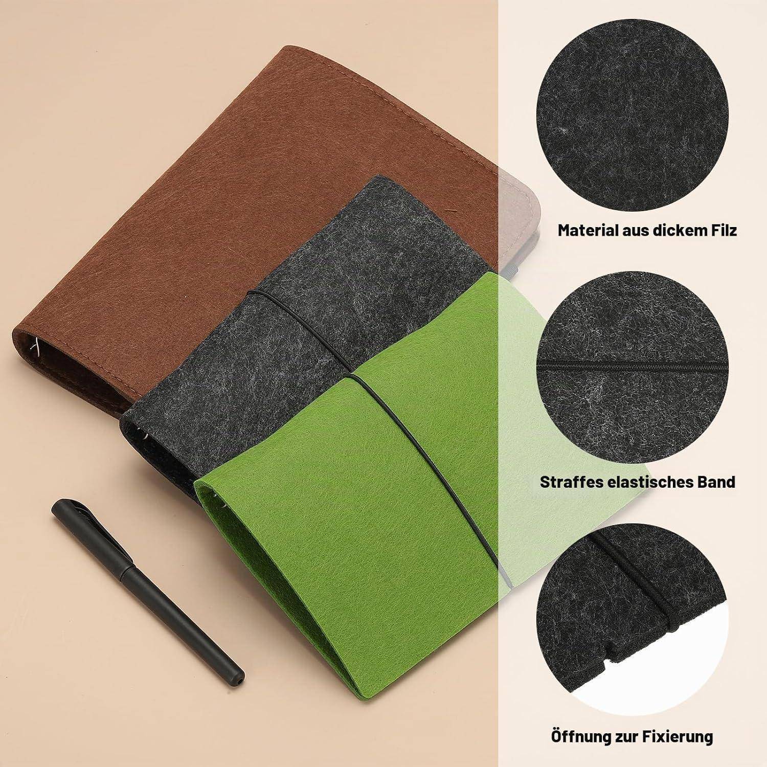 Drei Filznotizbuchtaschen in Braun, Grau und Grün mit Gummiverschluss; eingefügte Nahaufnahmen zeigen dickes Filzmaterial, Gummiband und Verschlussöffnung.