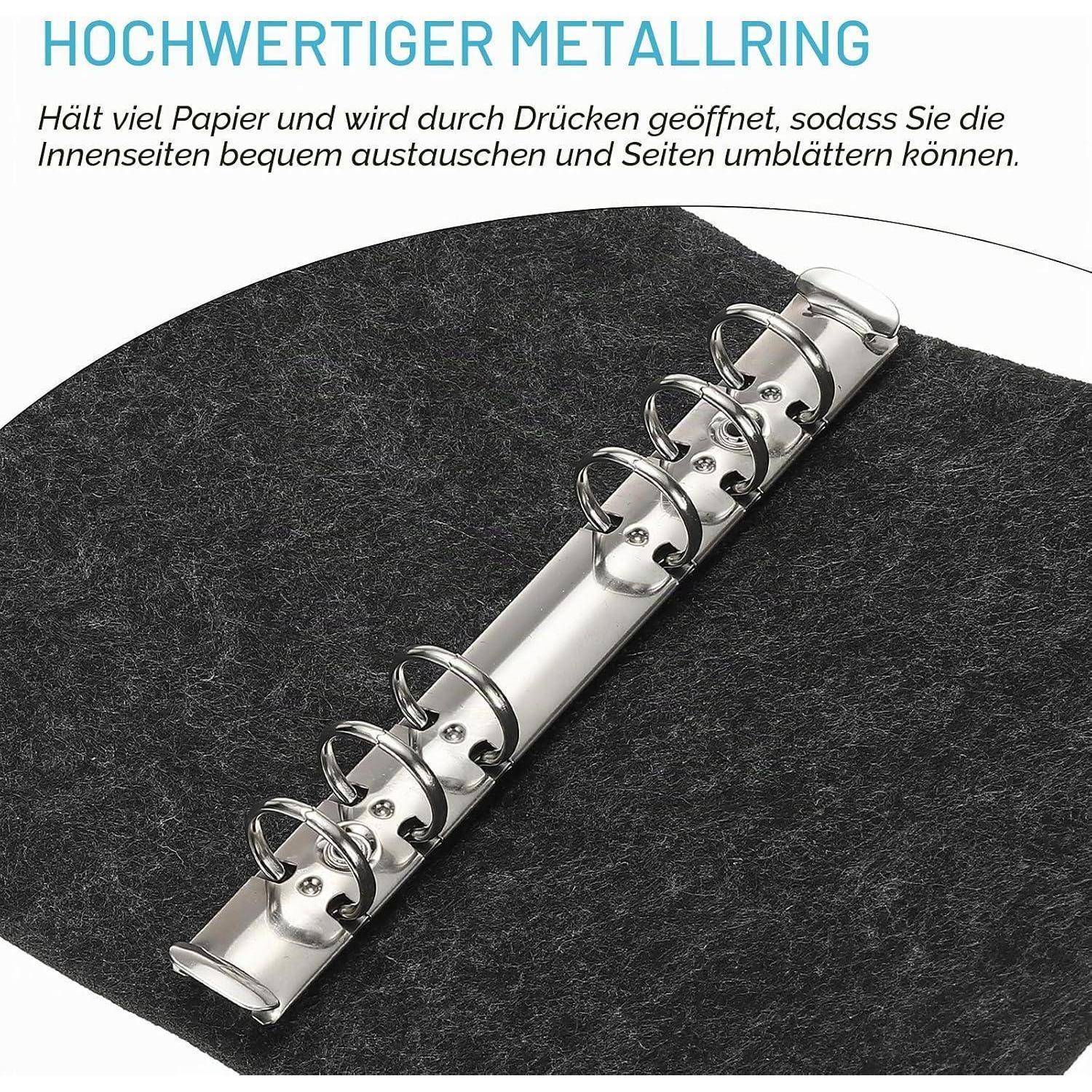 Foto eines glänzenden Metallringordners auf schwarzem Umschlag, mit deutschem Text, der besagt, dass er viele Seiten aufnimmt und sich zum leichten Austausch von Seiten öffnet.