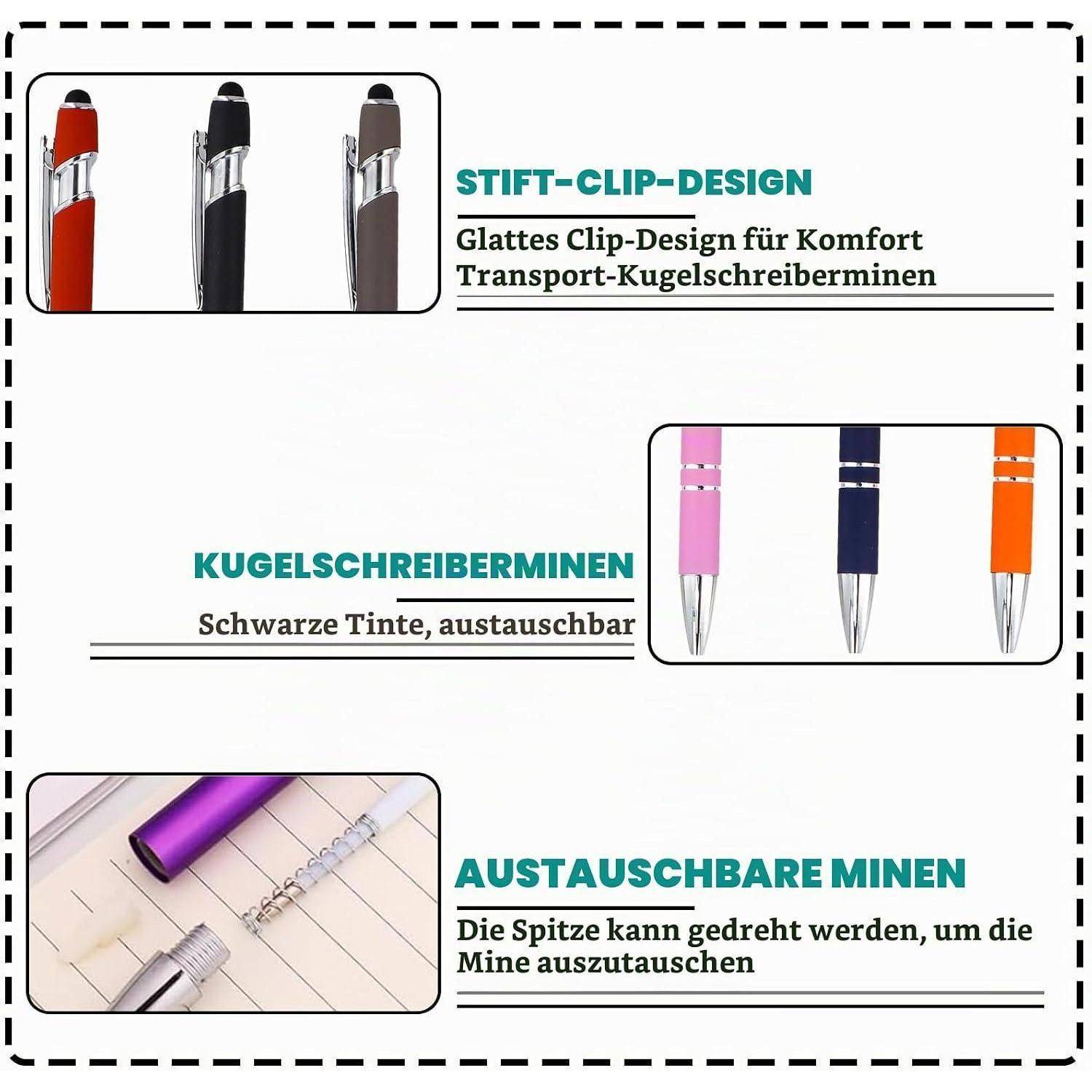 Kugelschreiber-Anzeige mit Clip-Design-Kugelschreibern mit austauschbarer schwarzer Tinte und wechselbaren Minen; enthält Nahaufnahmen von drei Stiftfarben und einer Minerspitze.