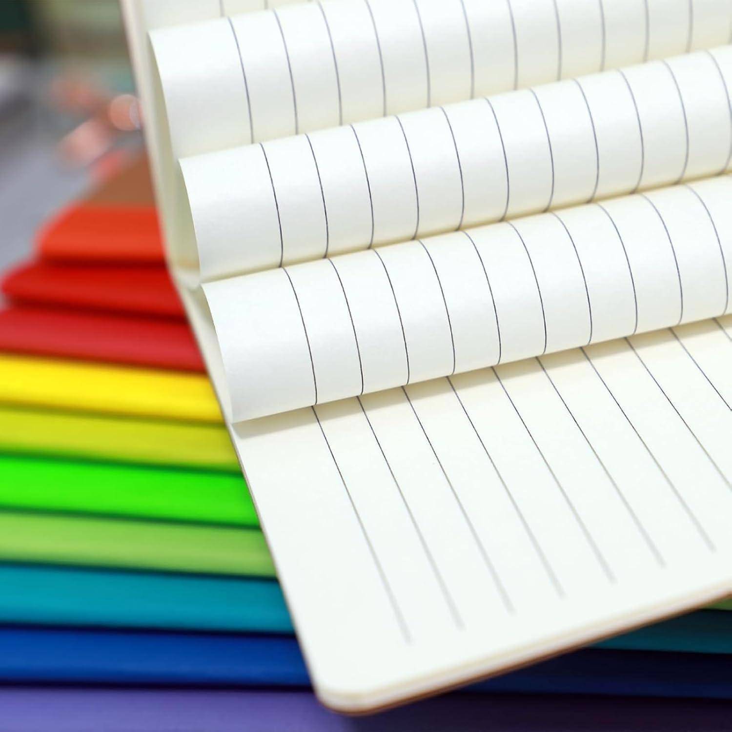 Offenes Notizbuch mit Linien und farbigen gestapelten Reitern oder Seiten darunter.