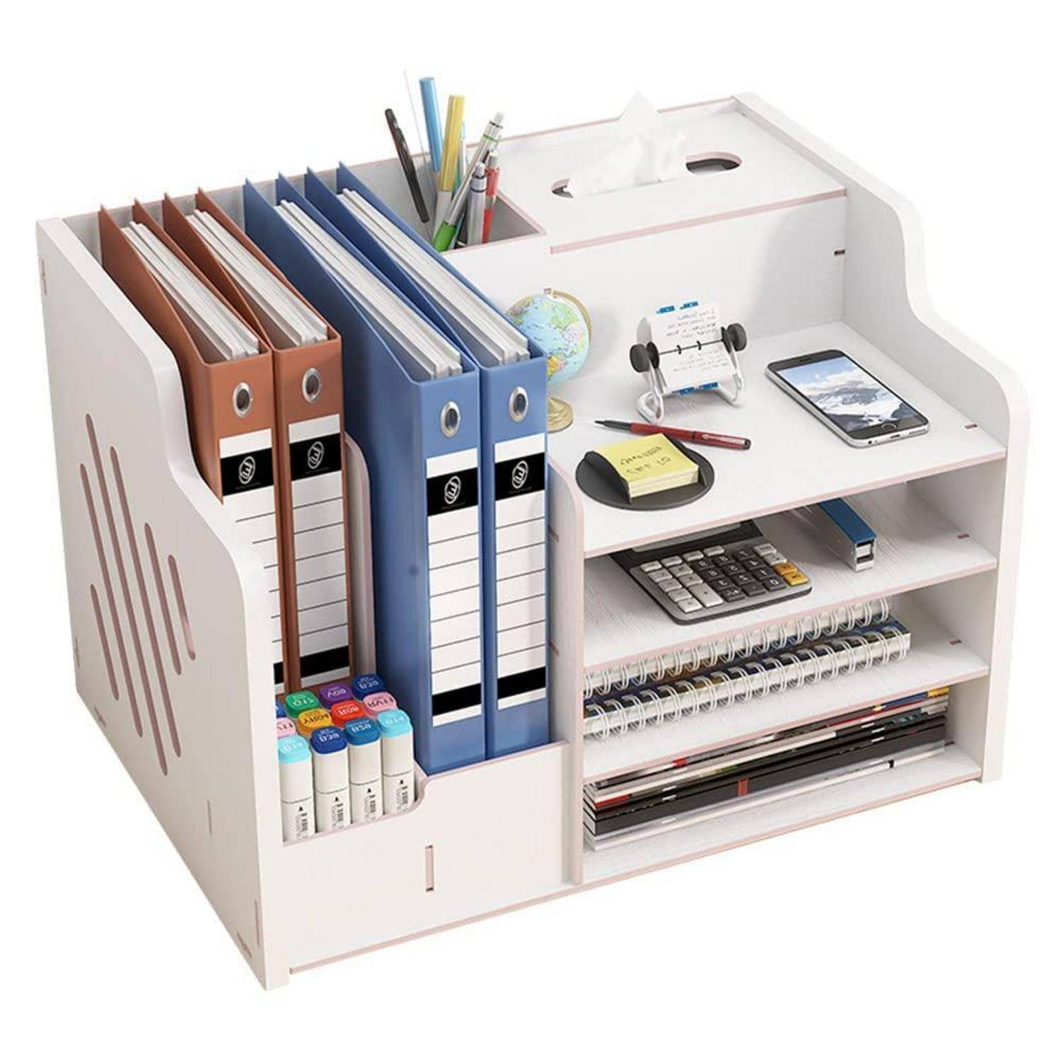 Weißer Schreibtischorganizer mit Aktenmappen, Stiften, Haftnotizen, Taschenrechner, Notizbuch, Telefon und Papiertuchbox auf Regalen.