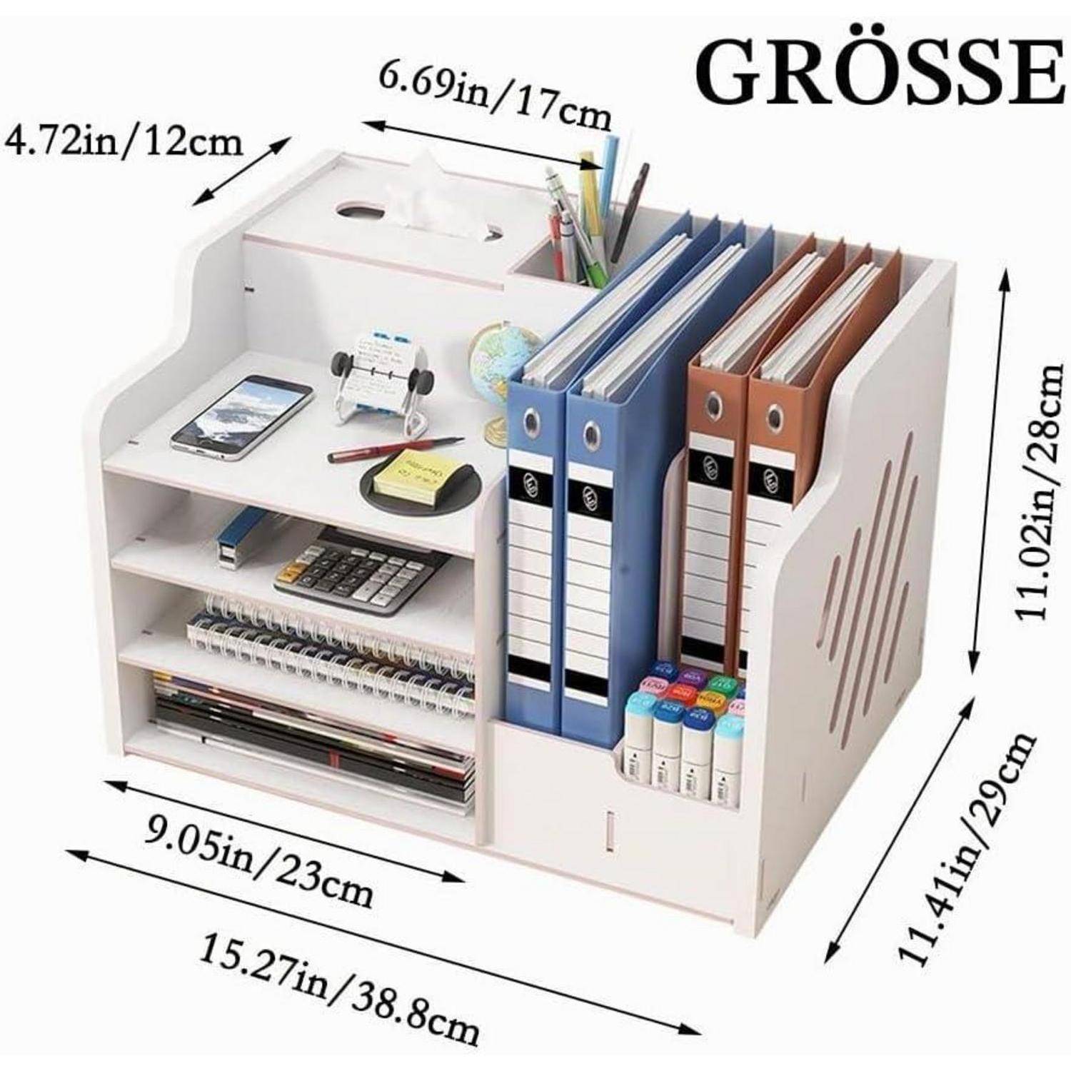 Weißer Desktop-Organizer mit Regalen und Aktenschächten, gekennzeichnet mit Abmessungen in Zoll und Zentimetern; lagert Ordner, Bücher, Schreibwaren und ein Telefon.