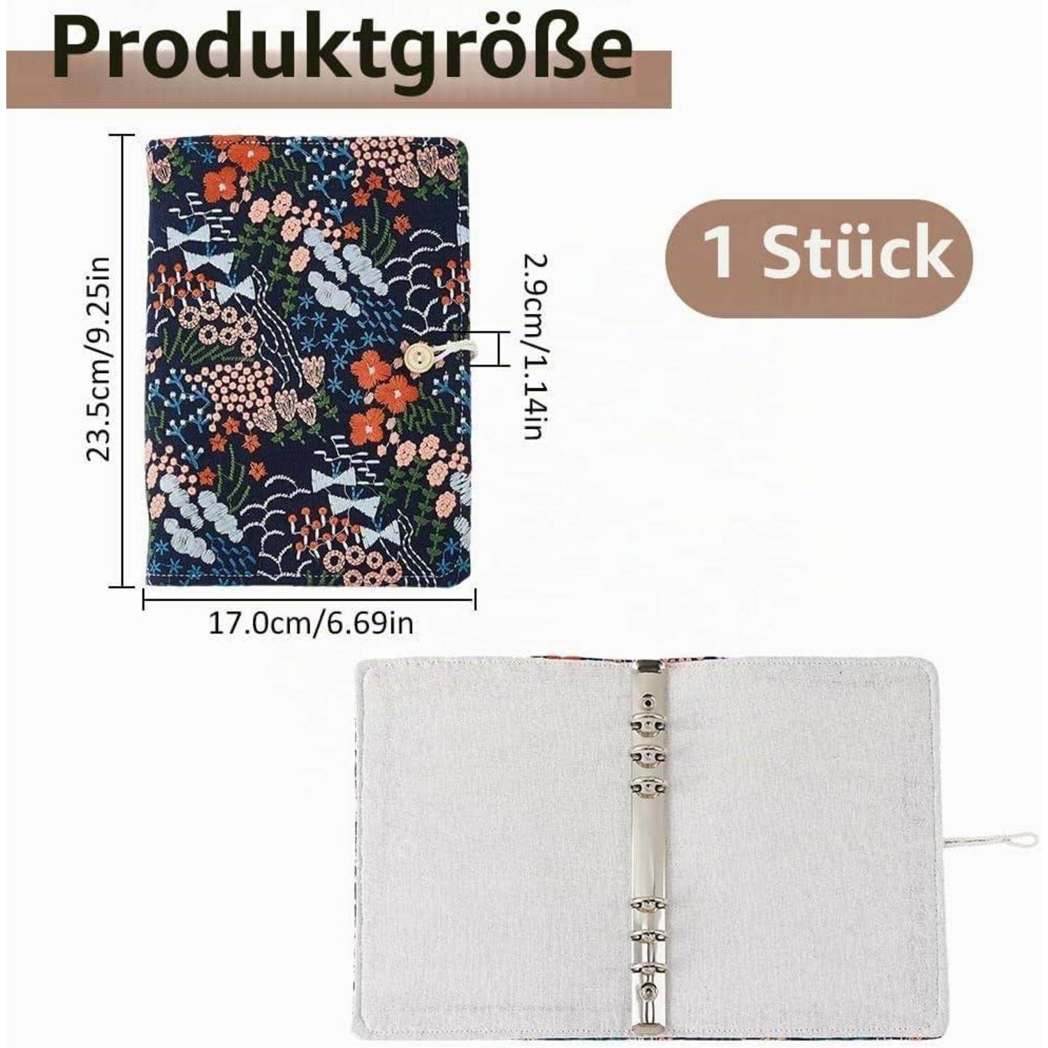 Größendiagramm eines floralen Stoffordnerschutzes mit der Bezeichnung „1 Stück