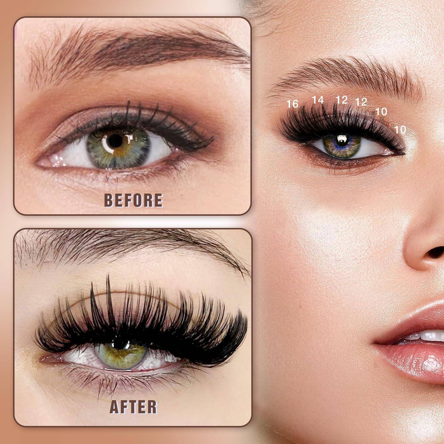 Nahaufnahmen-Schönheitswerbung, die Wimpernverlängerungen vergleicht: 