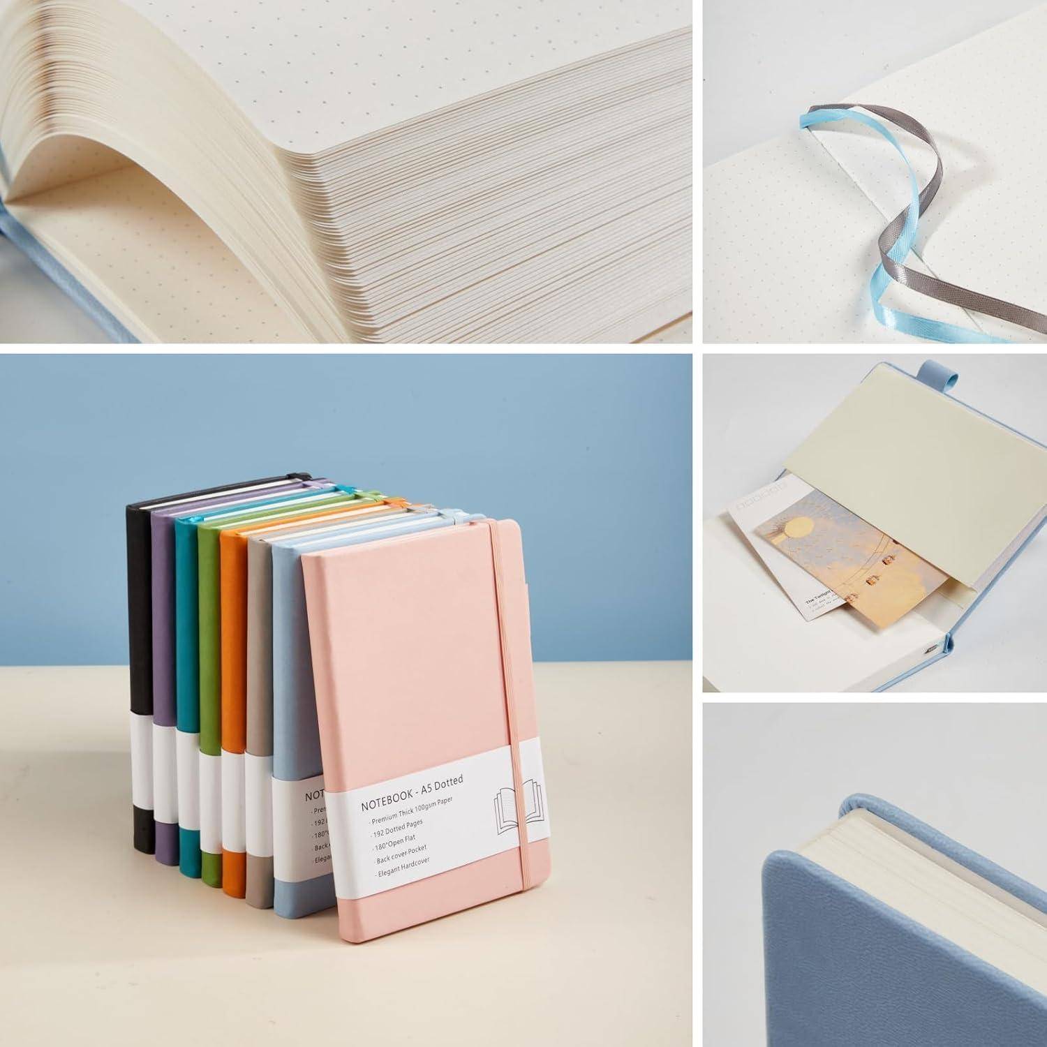 Collage aus Hardcover-Notizbüchern in Pastellfarben und Bandlesezeichen, die verschiedene Notizbuchfarben und Seitenkanten auf hellem Hintergrund zeigen.