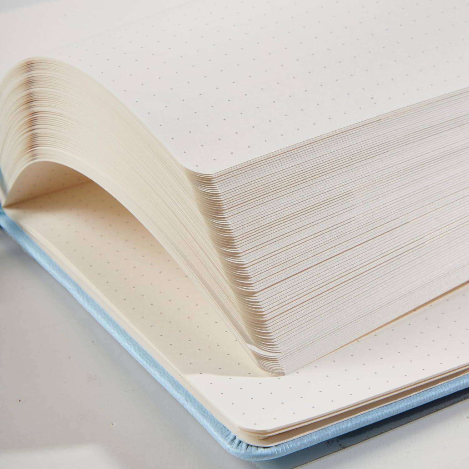 Offenes Notizbuch mit gepunkteten Seiten und cremefarbenen Blättern mit hellblauem Umschlag, teilweise aufgeklappt, um das dicke gestapelte Papier zu zeigen.