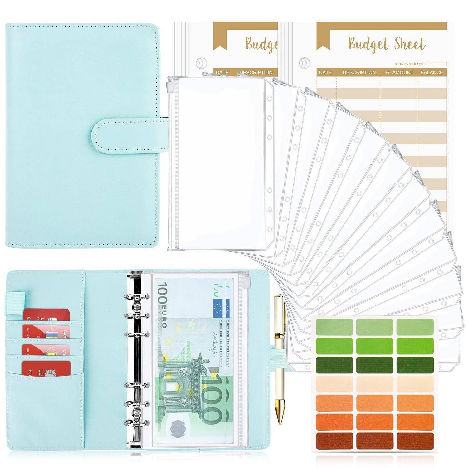Pastellmint-Budget-Planer-Ordner-Set mit Schnappverschluss, Ringeinlagen, Budget-Blättern, Bargeld-Taschen, Stift und Farbmuster-Stickern.