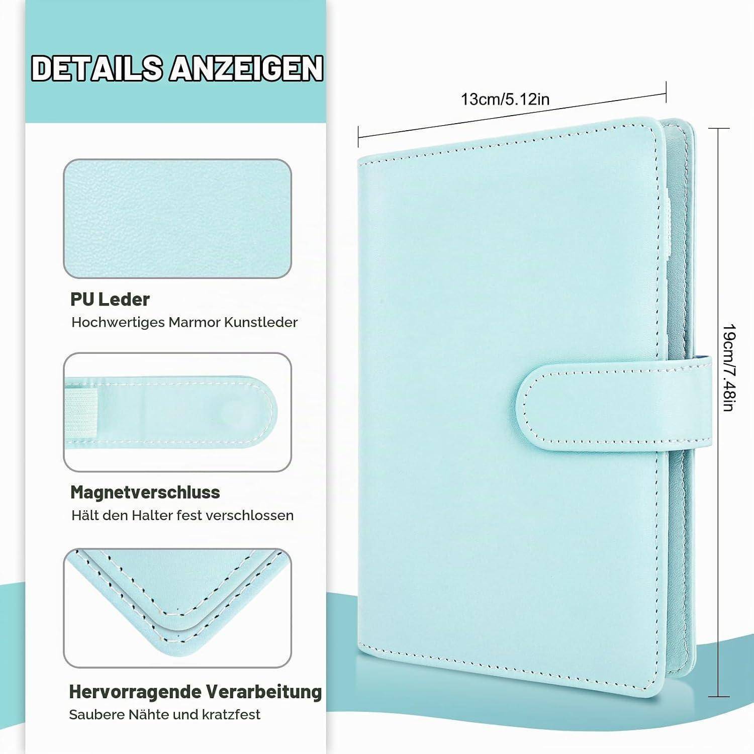 Hellblaues PU-Leder-Notizbuchcover mit magnetischem Verschluss; beschriftete Details zeigen die Größe 13 cm x 19 cm und eine genähte, strapazierfähige Oberfläche.