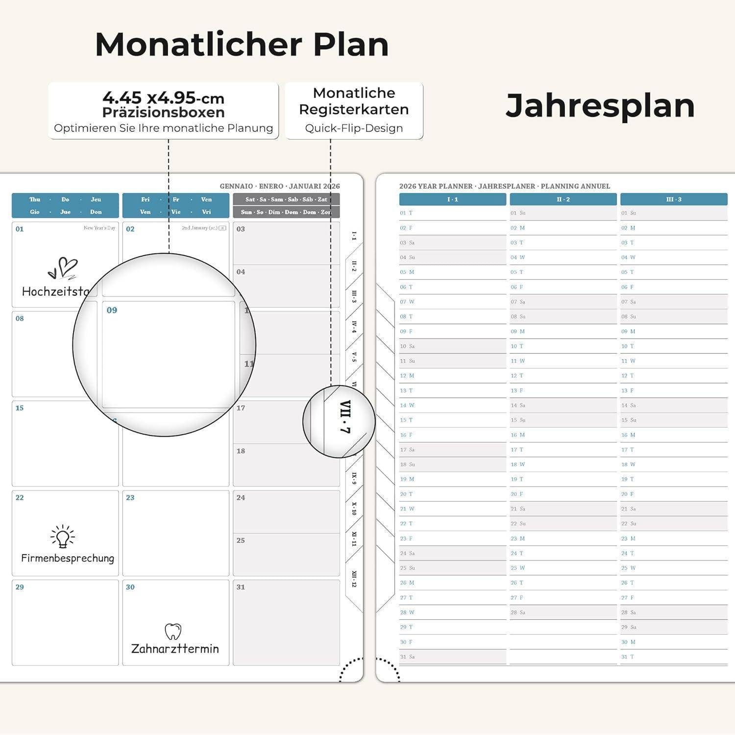 Deutscher Planner mit Monats- und Jahresplan, Taschenformat 4,45 x 4,95 cm, Monatstabs und Beispieleinträge wie Hochzeit, Besprechung und Zahnarzttermin.