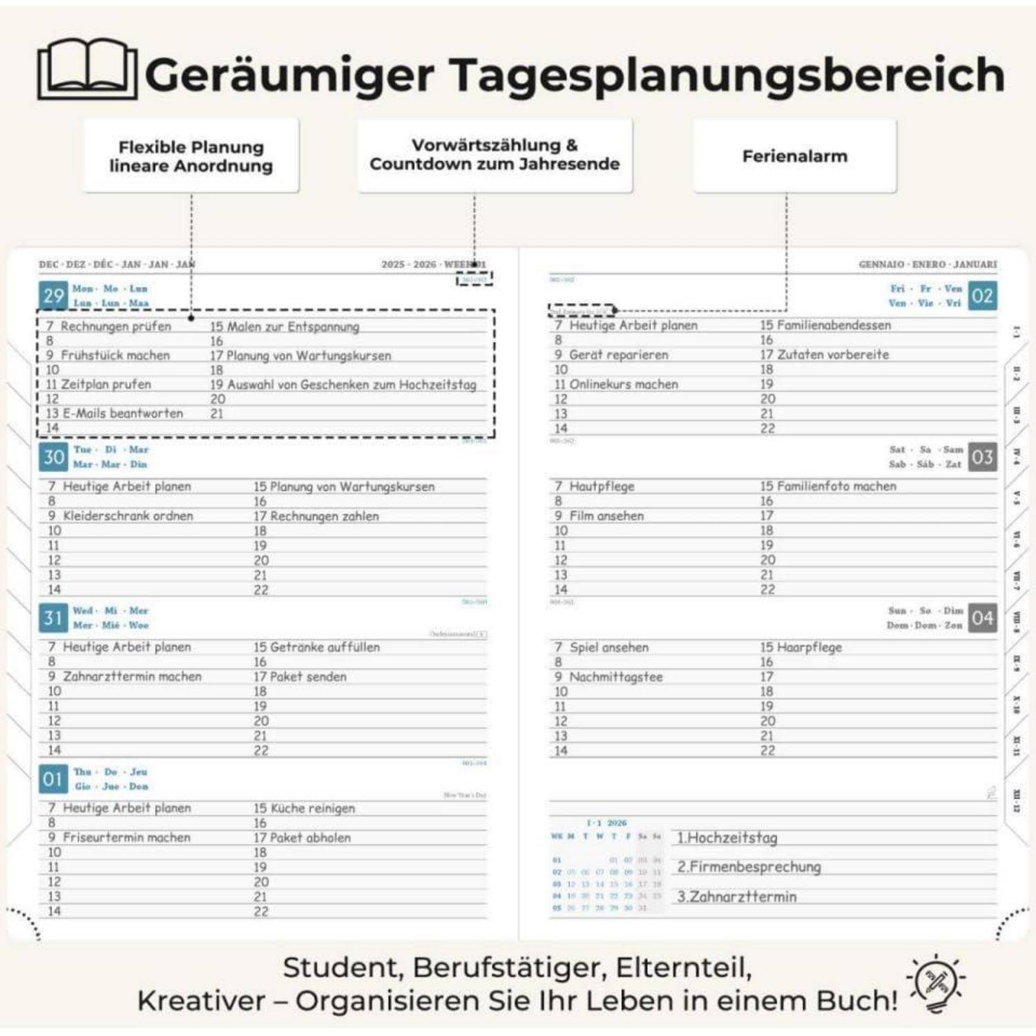 Kalender 2026: A4 Buchkalender 29x21,7cm Ringbuch Terminplaner 1 Woche 2 Seiten 2026 Wochenplaner Notizbuch,12-Monate(Jan.- Dez.) mit 100GSM Papier