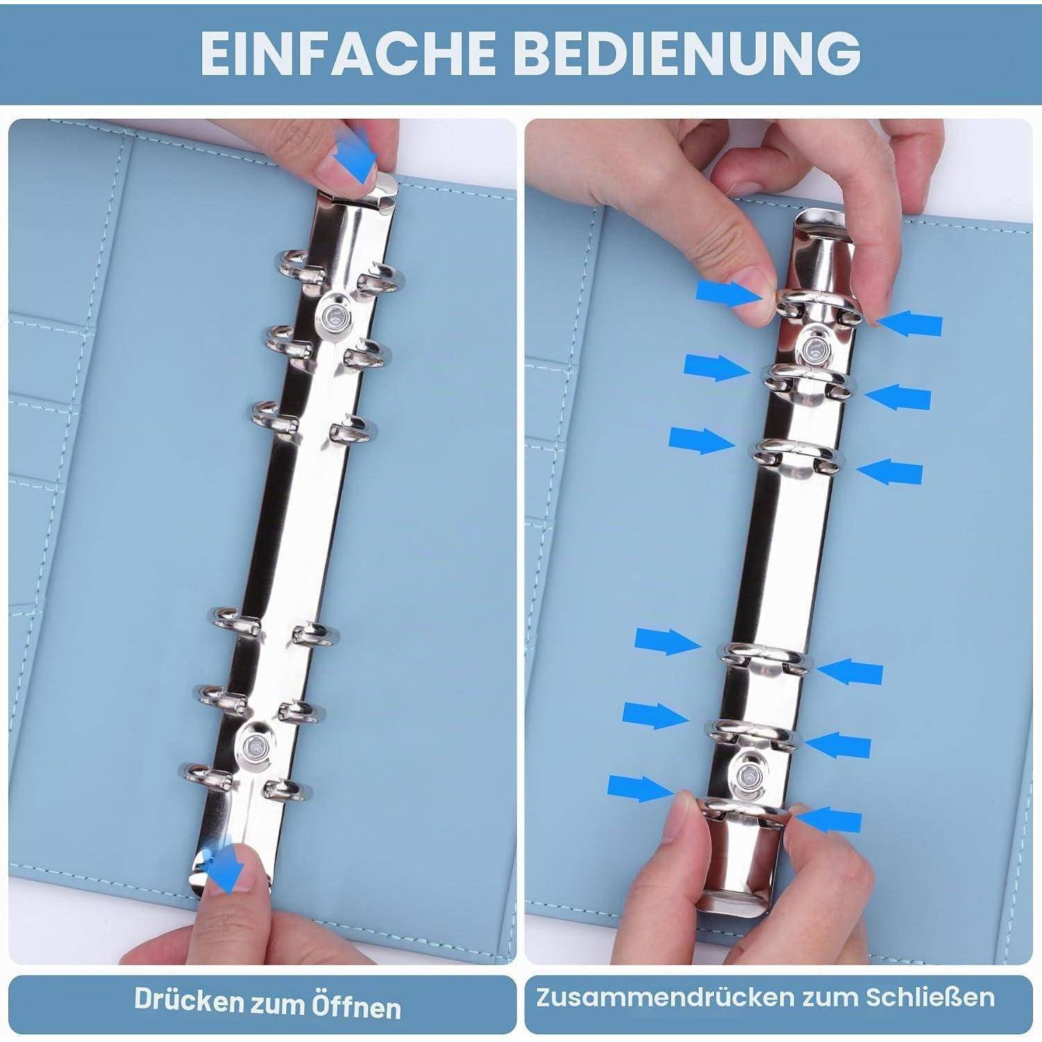 Bedienungsanleitung für einen Ringordner-Mechanismus: Drücken Sie die oberen und unteren Tasten zum Öffnen, drücken Sie die Metallringe zum Schließen zusammen.