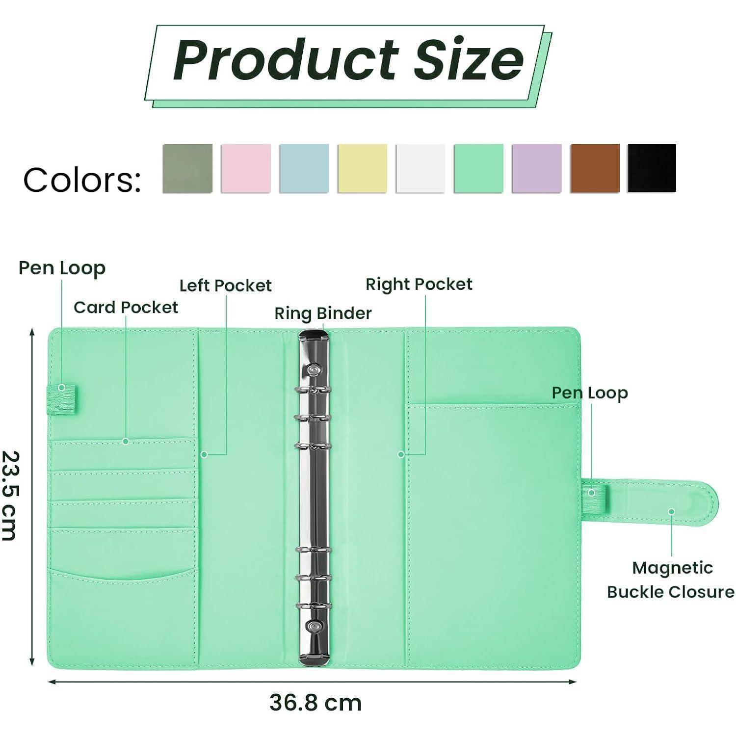 Produktgrößen-Diagramm einer Ringordner-Mappe: 36,8 cm breit und 23,5 cm hoch, mit Taschen, Kartenfach, Stiftschlaufen und magnetischem Verschluss; Farboptionen werden angezeigt.