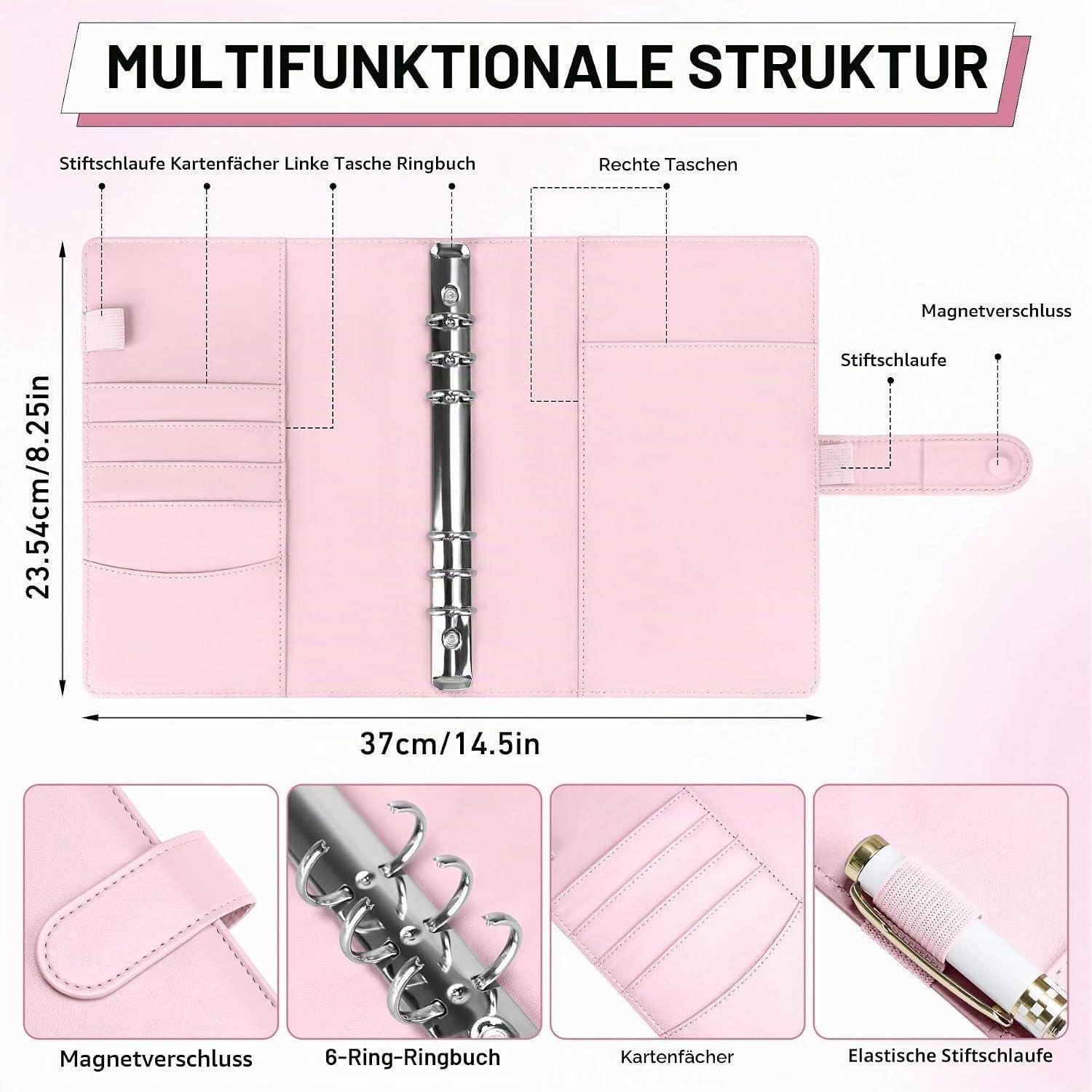 Rosa Multifunktions-Binderorganizer mit gekennzeichneten Funktionen: Kartensteckplätze, Stiftschlaufe, Ringbinder, rechte Taschen und Magnetverschluss; Größe 37 cm x 23,5 cm.