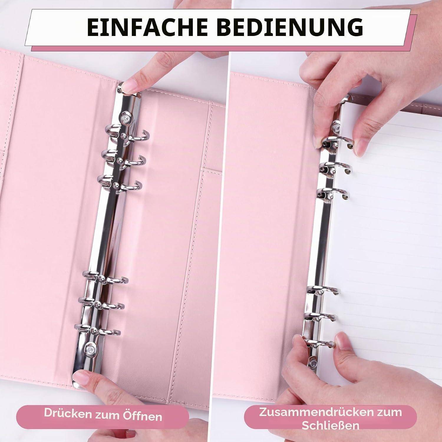 Geteiltes Bild, das einen rosa Ringordner zeigt, der von Hand geöffnet und geschlossen wird; der Text besagt „EINFACHE BEDIENUNG