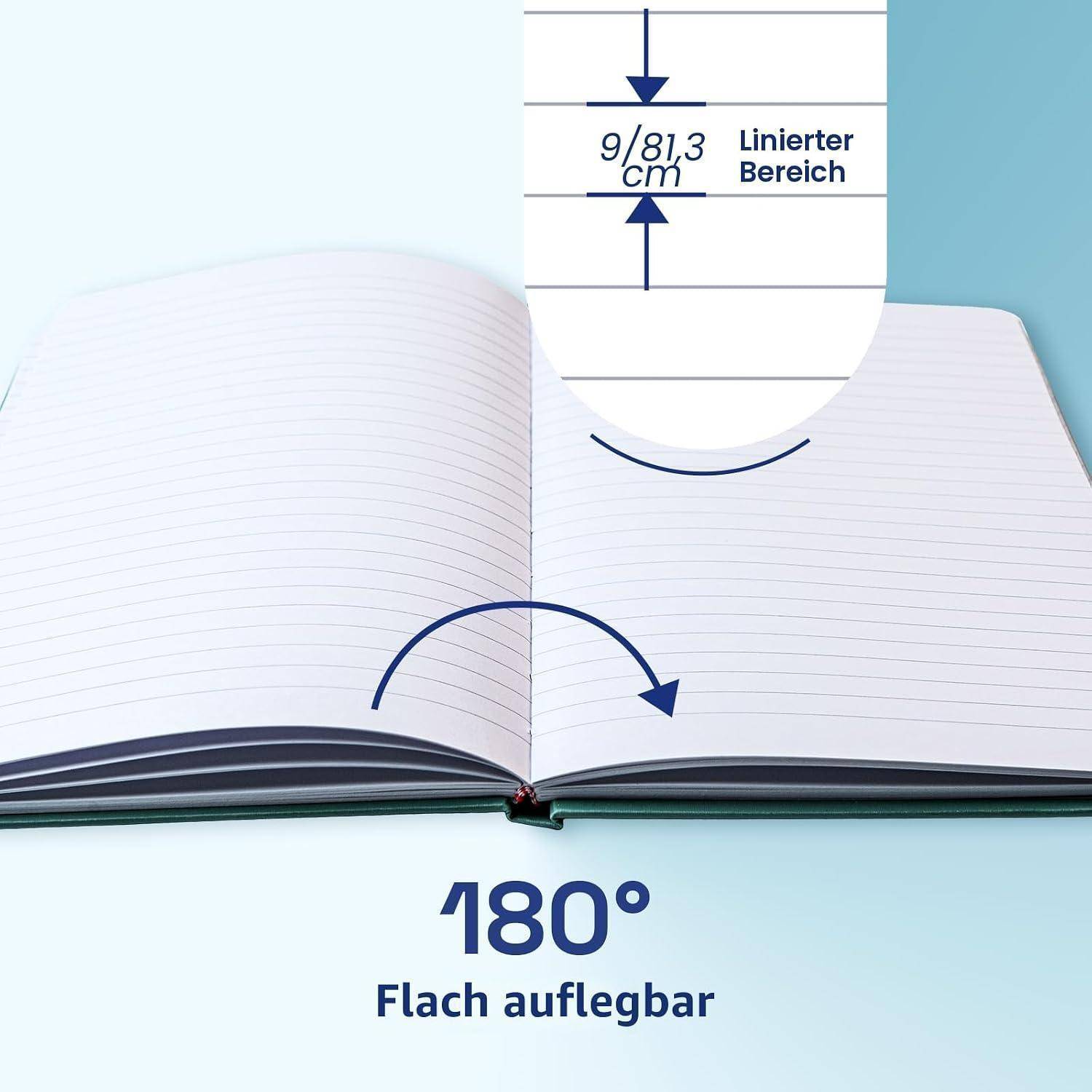 Aufgeschlagenes Notizbuch, das flach bei 180 Grad liegt, mit liniierten Seiten und einer Zoomlegende, die „9/81,3 cm Linierter Bereich