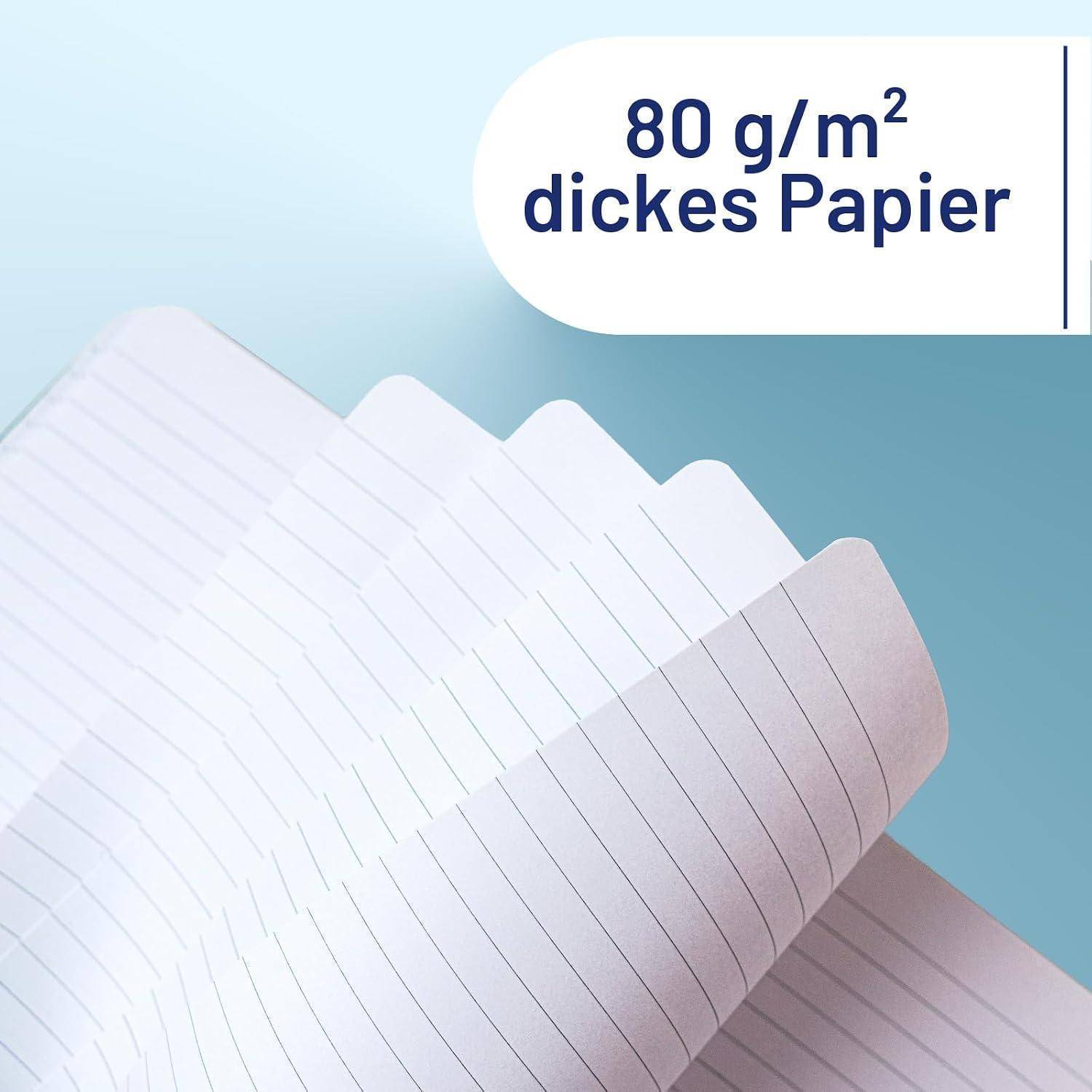 Stapel von linierten Blättern mit Text „80 g/m² dickes Papier