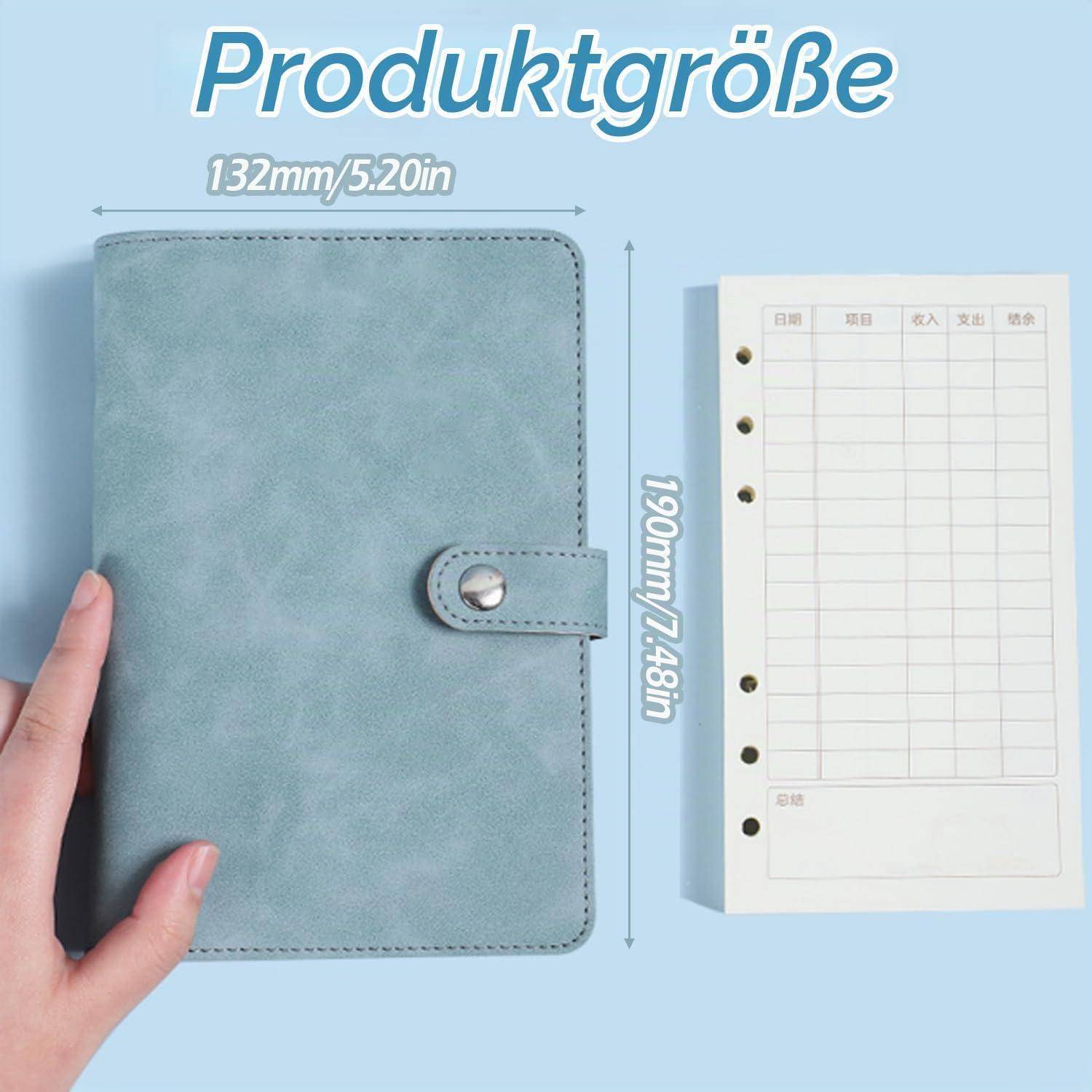 Produktgrößenbild, das eine hellblaue Plannereinband mit 132 mm Breite und 190 mm Höhe zeigt, mit einem entsprechenden Einlegoblatt daneben.