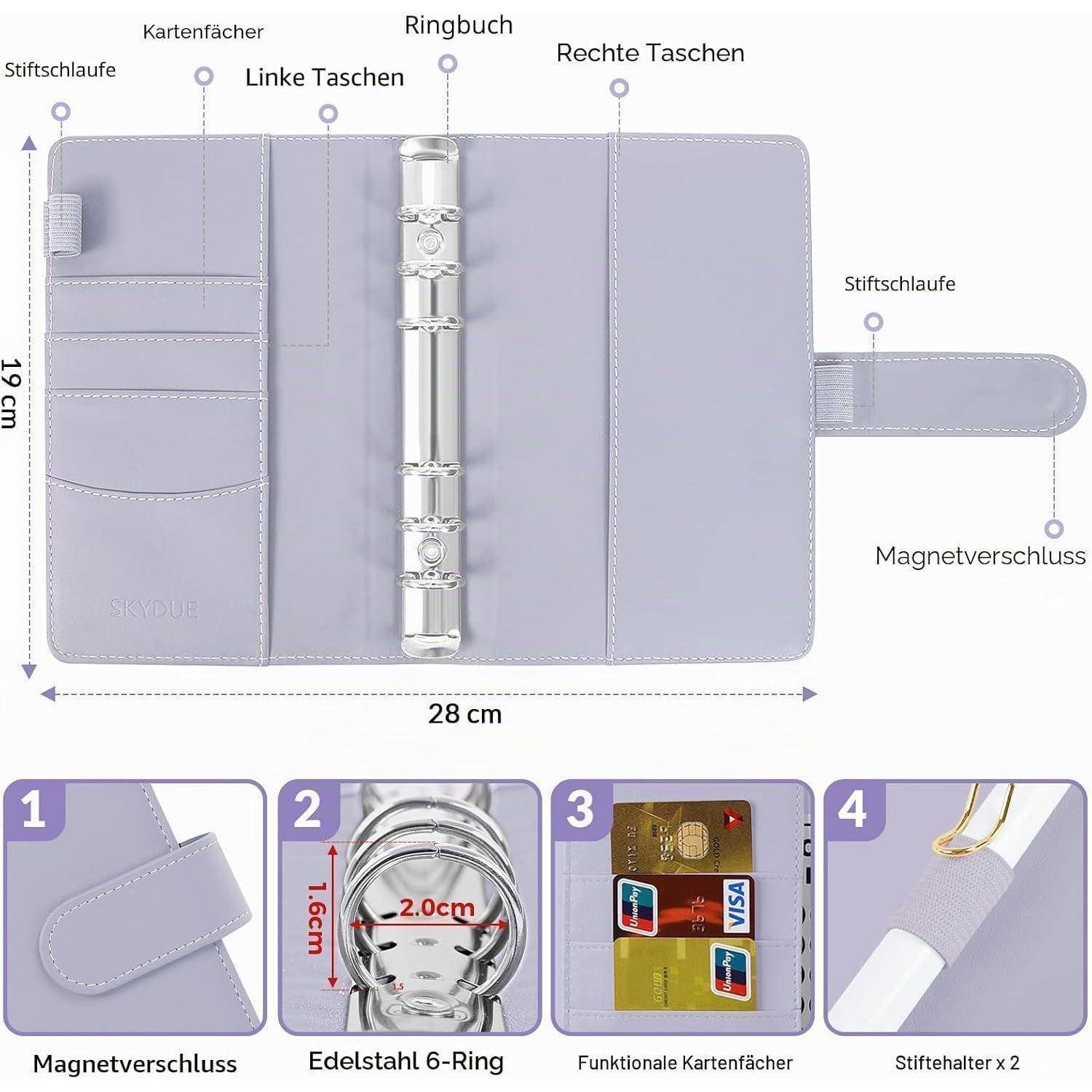 Diagramm eines Lavendelfarben Ordners mit Organizer, das beschriftete Taschen, Kartenfächer, Stiftschlaufen, 6er-Ringmechanismus, Magnetverschluss, Größe 28 cm x 19 cm und Nahaufnahmen von Hauptmerkmalen zeigt.