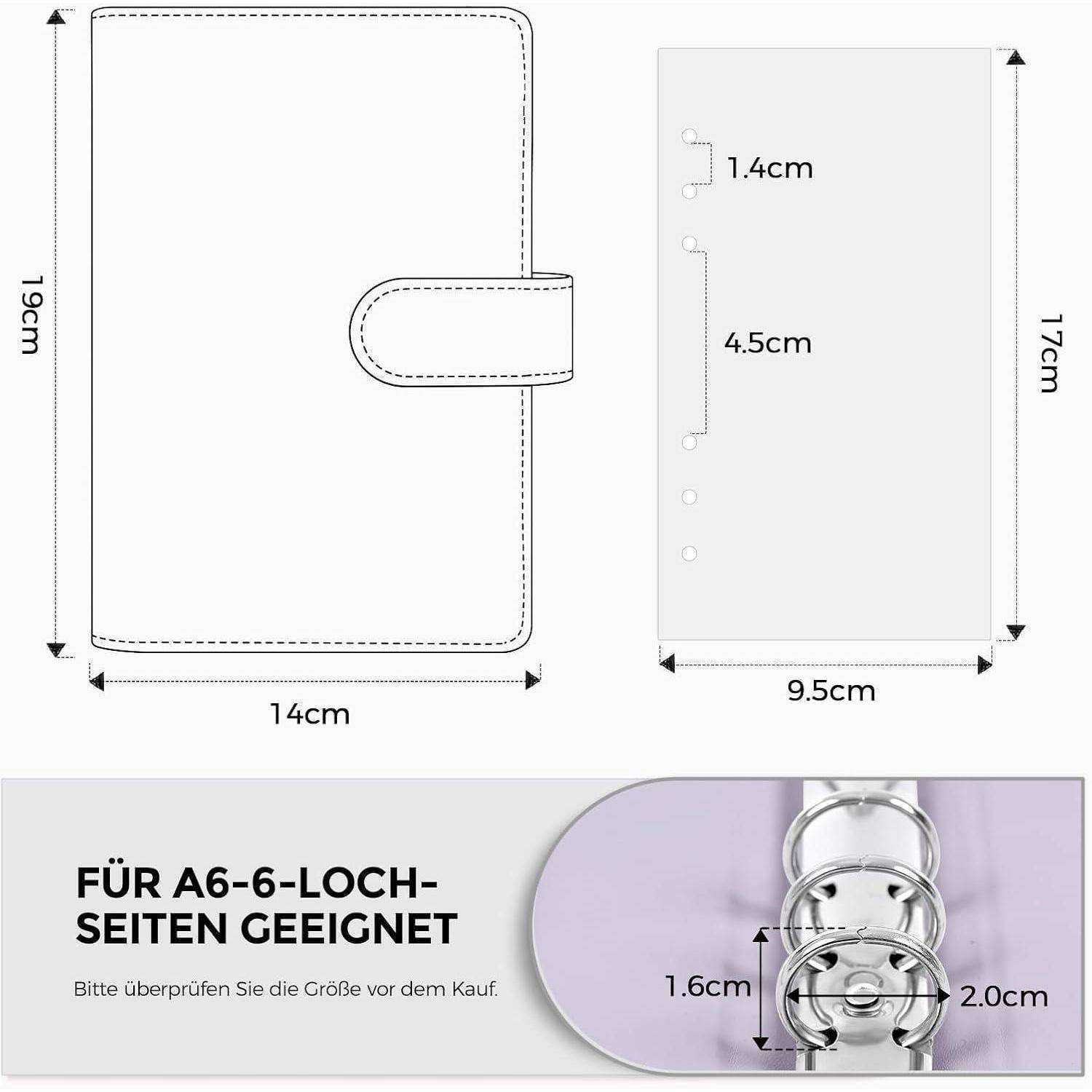 Größendiagramm für A6-Sechsloch-Bindercover: 19 cm x 14 cm Cover mit 17 cm x 9,5 cm Einsatz; Lochabstand 1,4 cm und 4,5 cm; Text sagt „FÜR A6-6-LOCH-SEITEN GEEIGNET