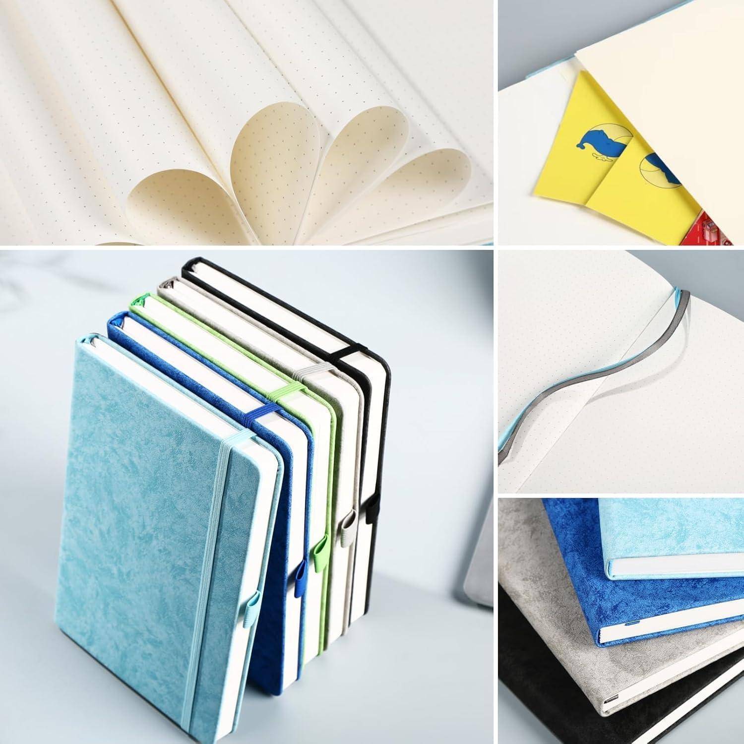 Collage aus fünf Notizbüchern mit strukturierten Umschlägen und Bandbeschriftungen, das verschiedene Farben und Nahaufnahmen ihrer Seiten und Bindungen zeigt.
