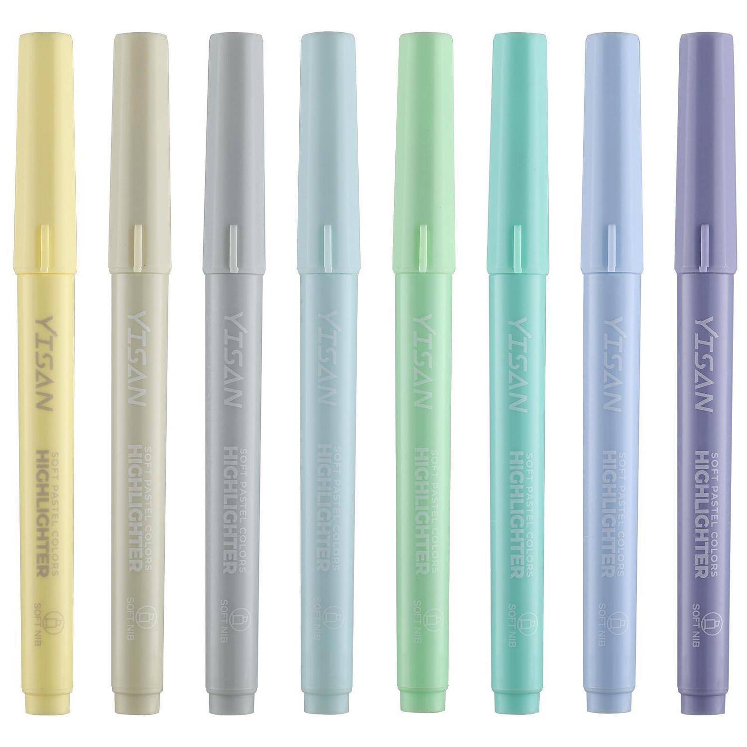 Acht pastellfarbene YISAN-Textmarker vertikal auf weißem Hintergrund angeordnet, in Gelb, Beige, Grau, Blau, Grün, Blaugrün, Hellblau und Violett.