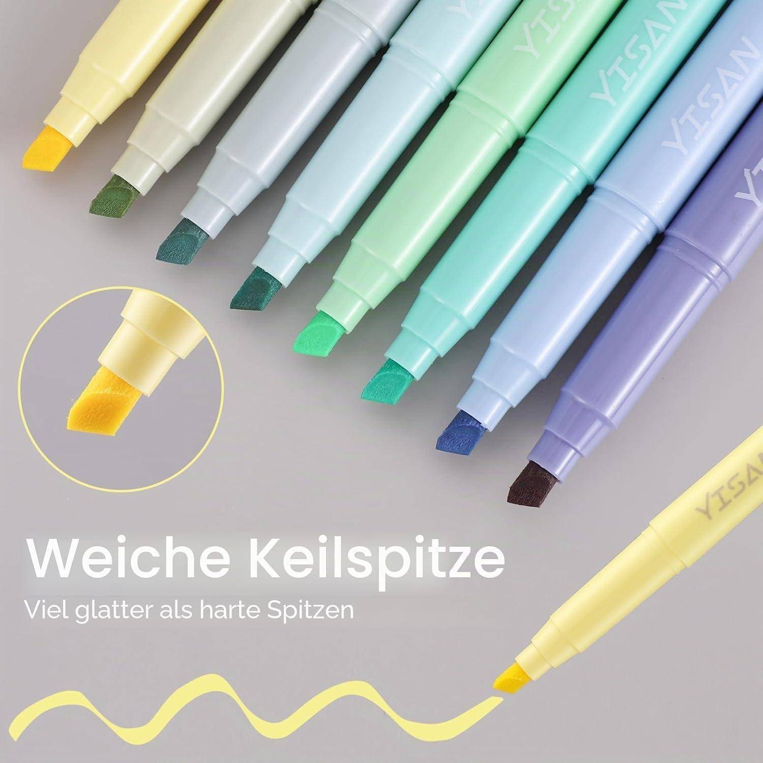 Anzeigen-ähnliches Bild von pastellfarbenen Textmarkern mit weichen Keilspitzen und Beispielstrichen, mit deutschem Text „Weiche Keilspitze" und „Viel glatter als harte Spitzen"".
