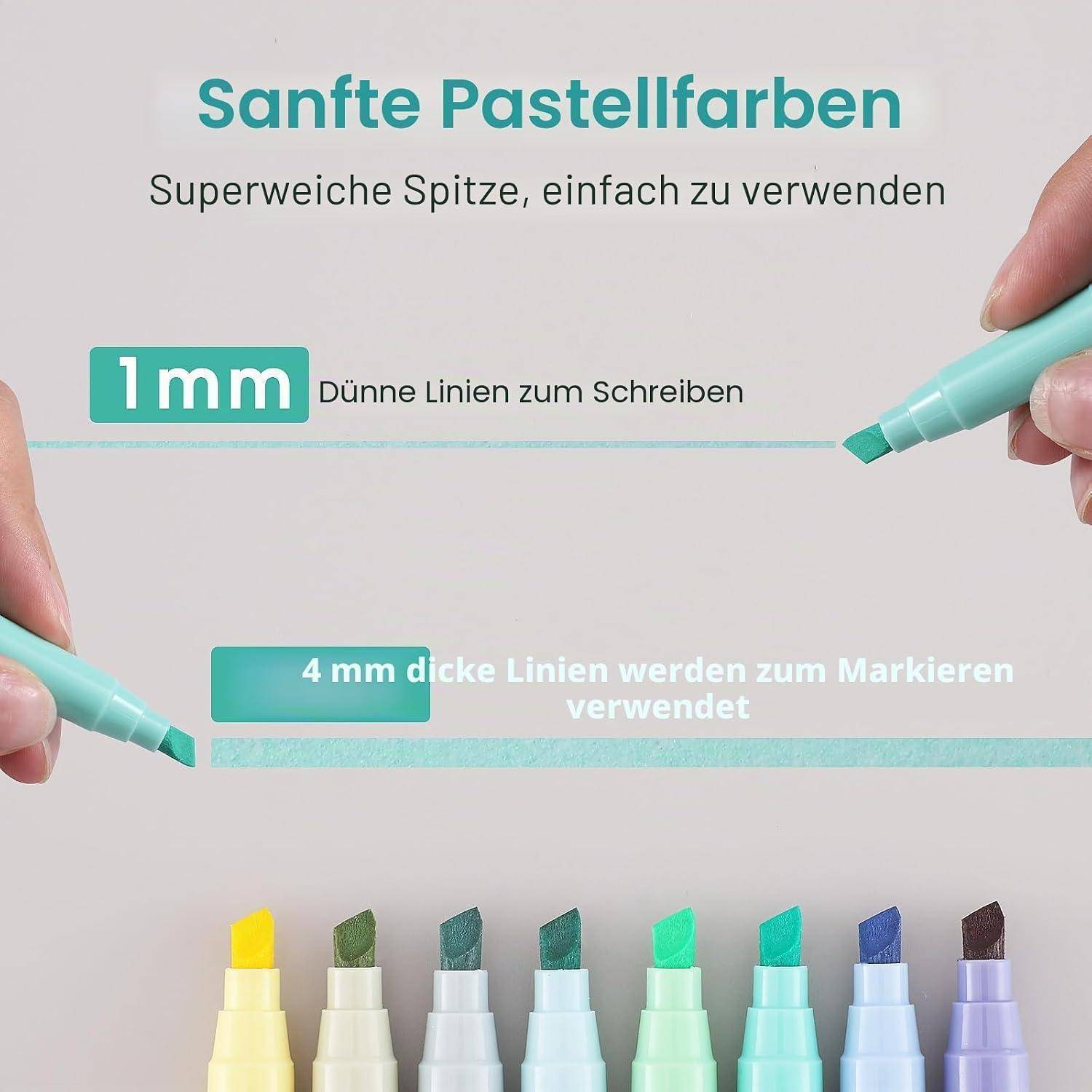 Deutsche Werbung für Pastellmarker: „Sanfte Pastellfarben" mit ultra-weichen Spitzen, 1 mm Linien zum Schreiben und 4 mm Linien zum Highlighten, gezeigt mit mehreren Markerfarben.