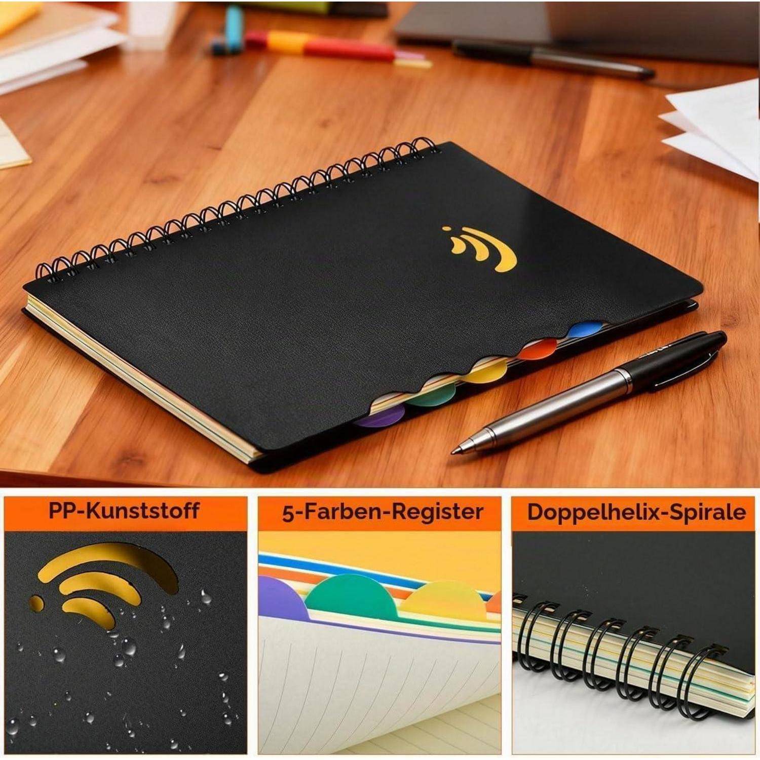 Schwarzes Spiralnotizbuch mit farbigen Registerreitern und Stift auf einem Holzschreibtisch, dargestellt mit Nahaufnahmebereichen, die die Kunststoffabdeckung, fünffarbige Registerkarten und die Doppelhelixspiralbindung hervorheben.
