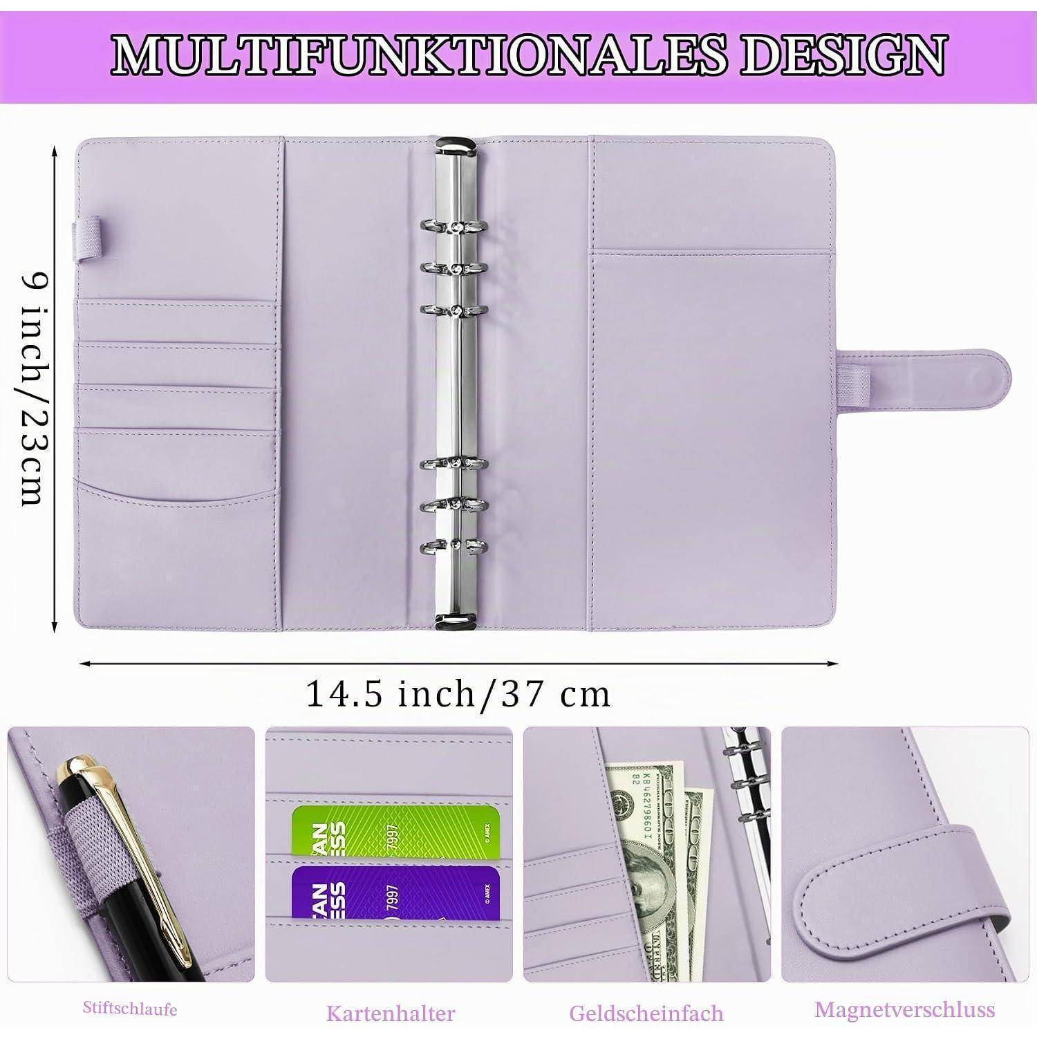 Offener Lavendel-Ringbuch-Planer mit Abmessungen von 14,5 x 9 Zoll, ausgestattet mit Stiftschlaufe, Kartensteckplätzen, Geldtasche und Magnetverschluss.