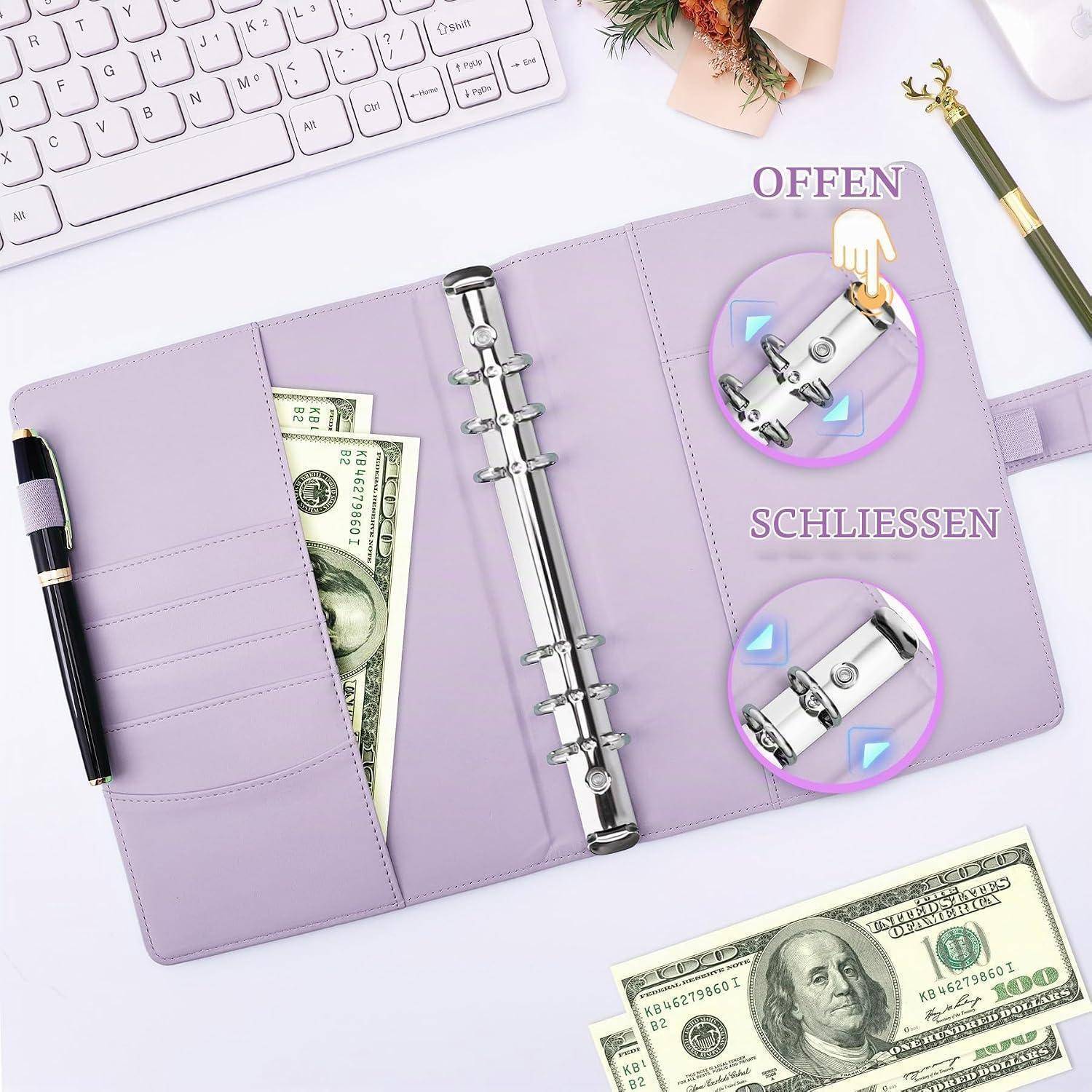 Lavendelfarbener Ringordner-Geldbeutel mit Bargeld und deutschen Aufklebern „OFFEN