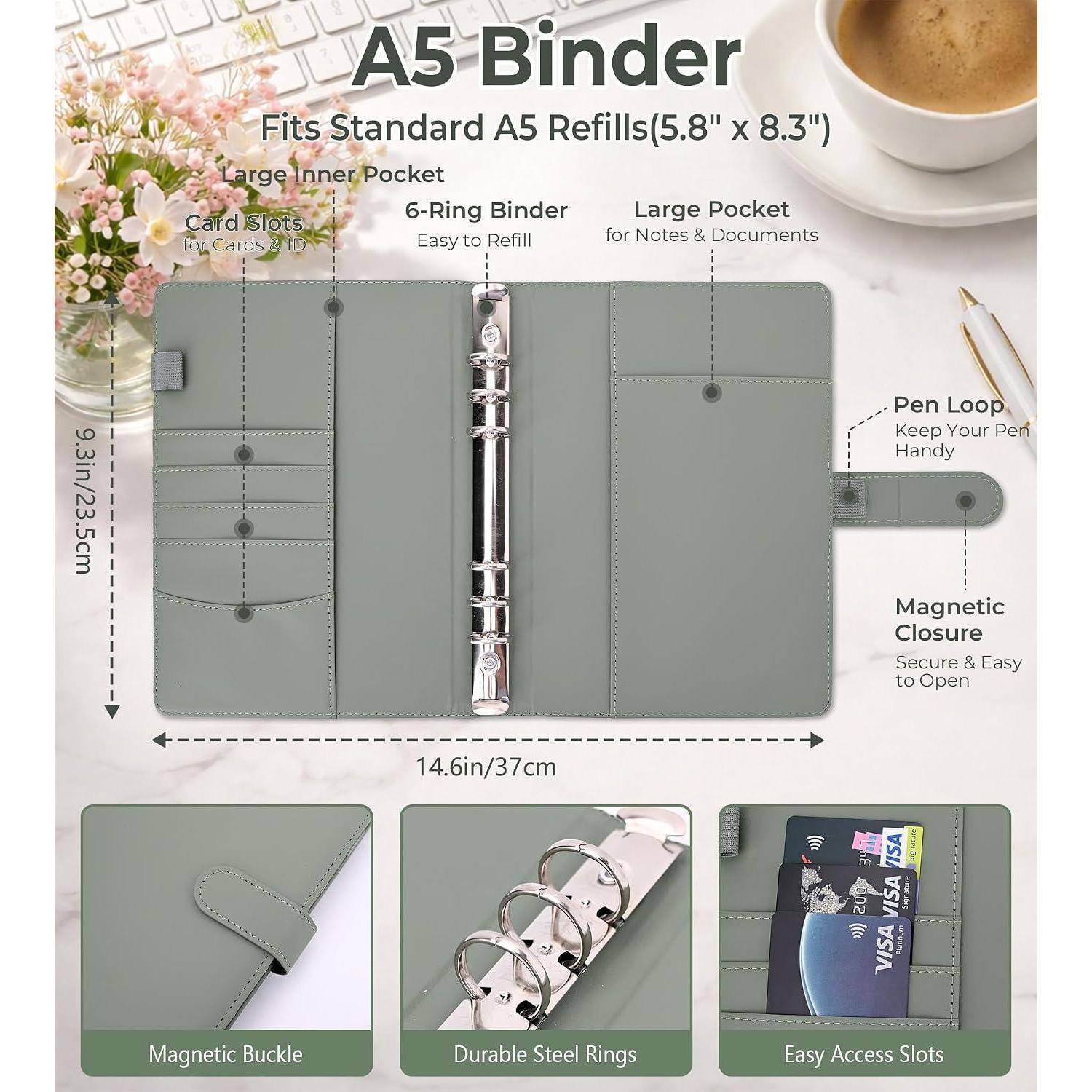 A5-Ordner mit 6-Loch-Nachfüllungen, großen Taschen, Stiftschlaufe, Magnetverschluss und Kartenfächern; zeigt Abmessungen und detaillierte Nahaufnahmen der Funktionen.