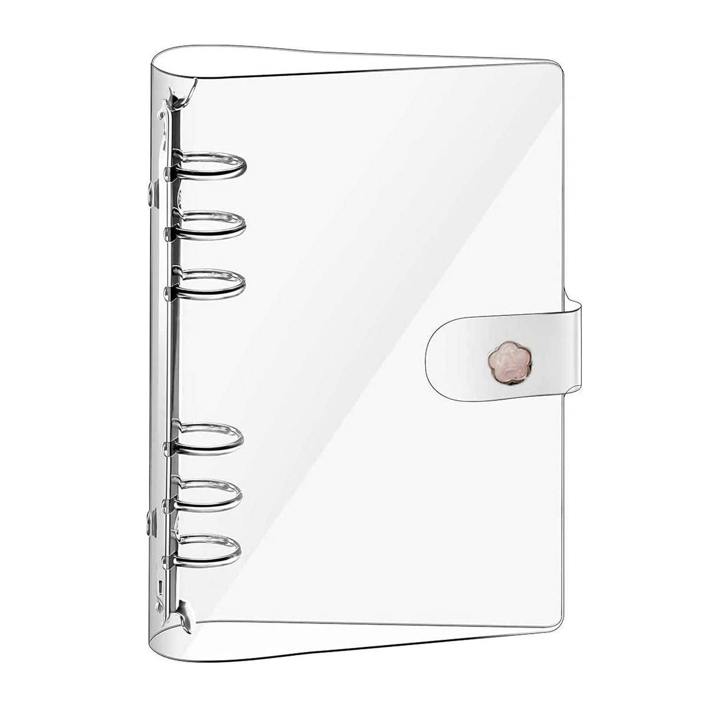 Weißer transparenter Ringbuch-Notizblock oder Planer mit sechs Metallringen und einem Verschlussriemen auf der rechten Seite.