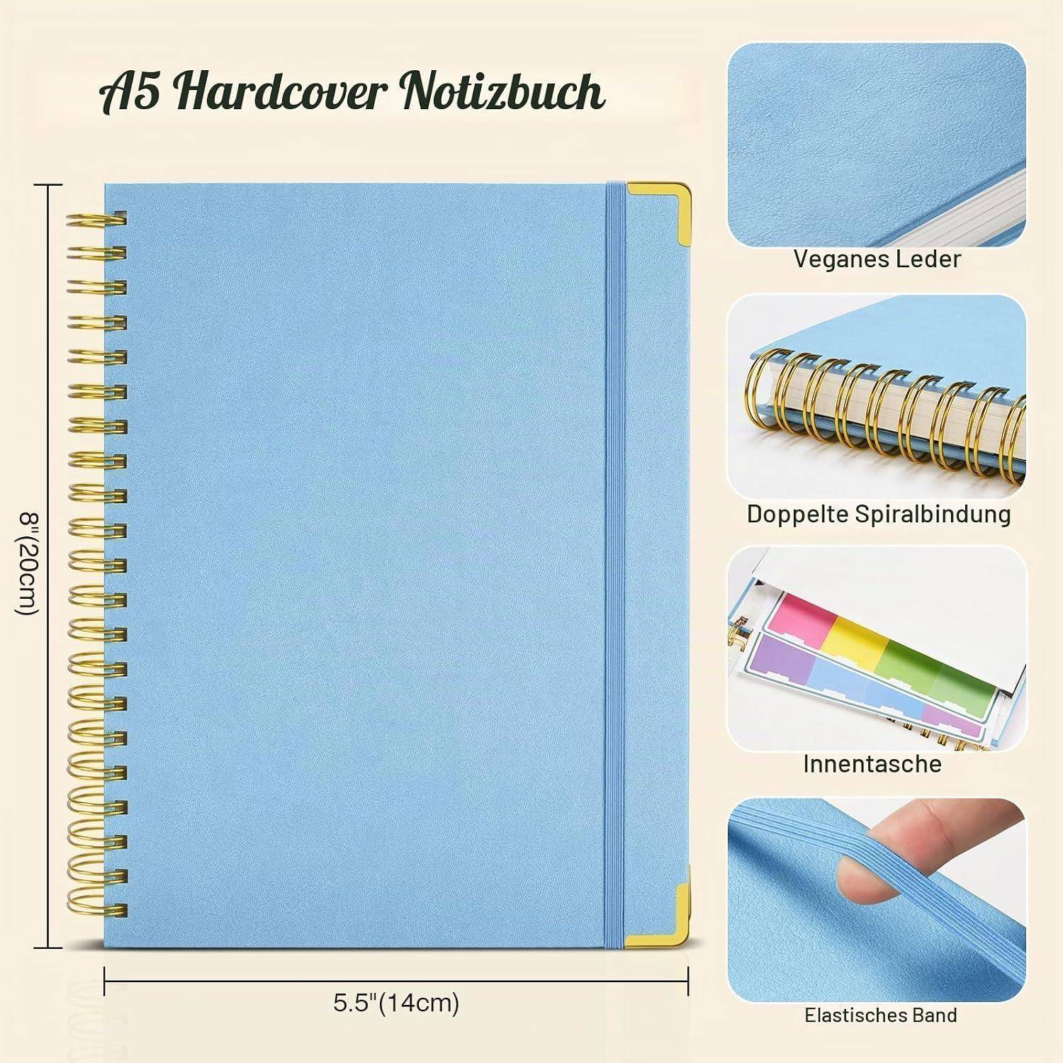 A5 Hardcover-Notizbuch mit hellblauem veganem Ledereinband, doppelter Spiralbindung, innerer Tasche, Gummiband und einer Größe von 8 mal 5,5 Zoll.