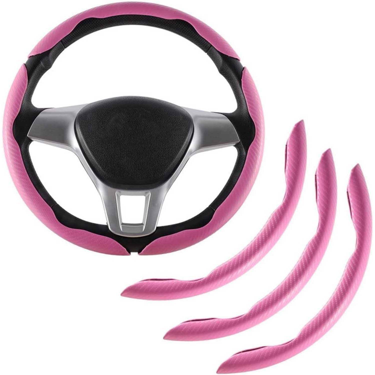 Rosa und schwarze Lenkradabdeckung mit drei passenden rosa Griffleisten auf weißem Hintergrund angezeigt.