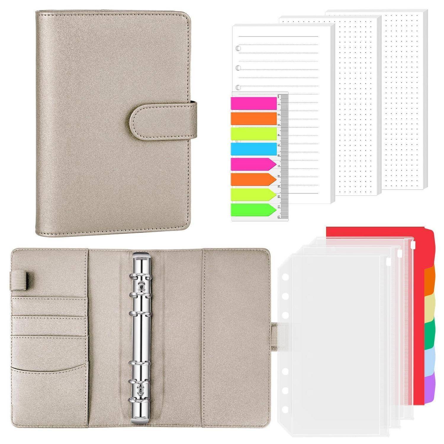 Beige ringgebundener Planner Organizer mit linierten und gepunkteten Einsätzen, farbigen Reitern und Kartentaschen, geöffnet und geschlossen dargestellt.