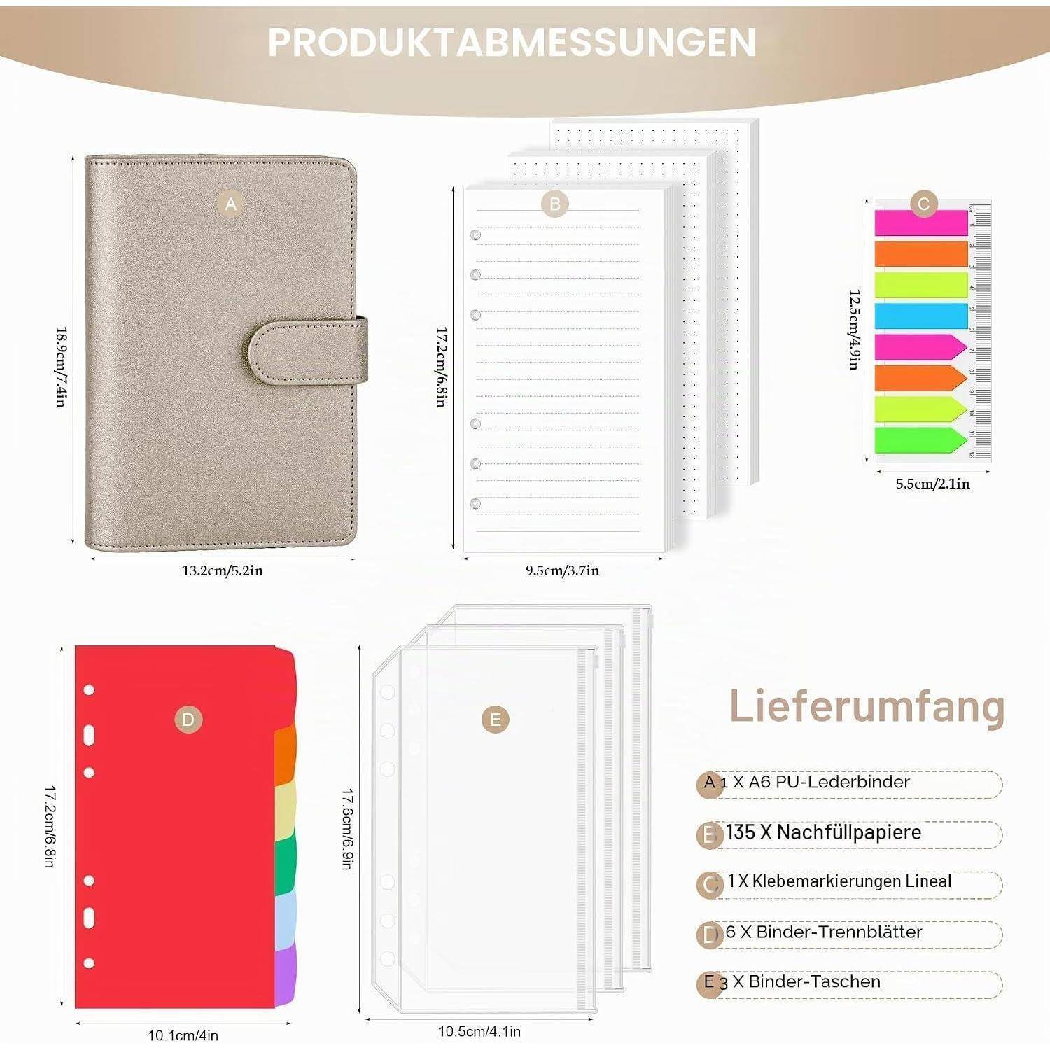 AKONEGE Ringbuch A6 PU-Leder nachfüllbares Notizbuch mit 135 Blatt 6 Löcher A6-Nachfüllpapier, Bindertaschen, Trennblätter, Haftmarkern, Planer-Or