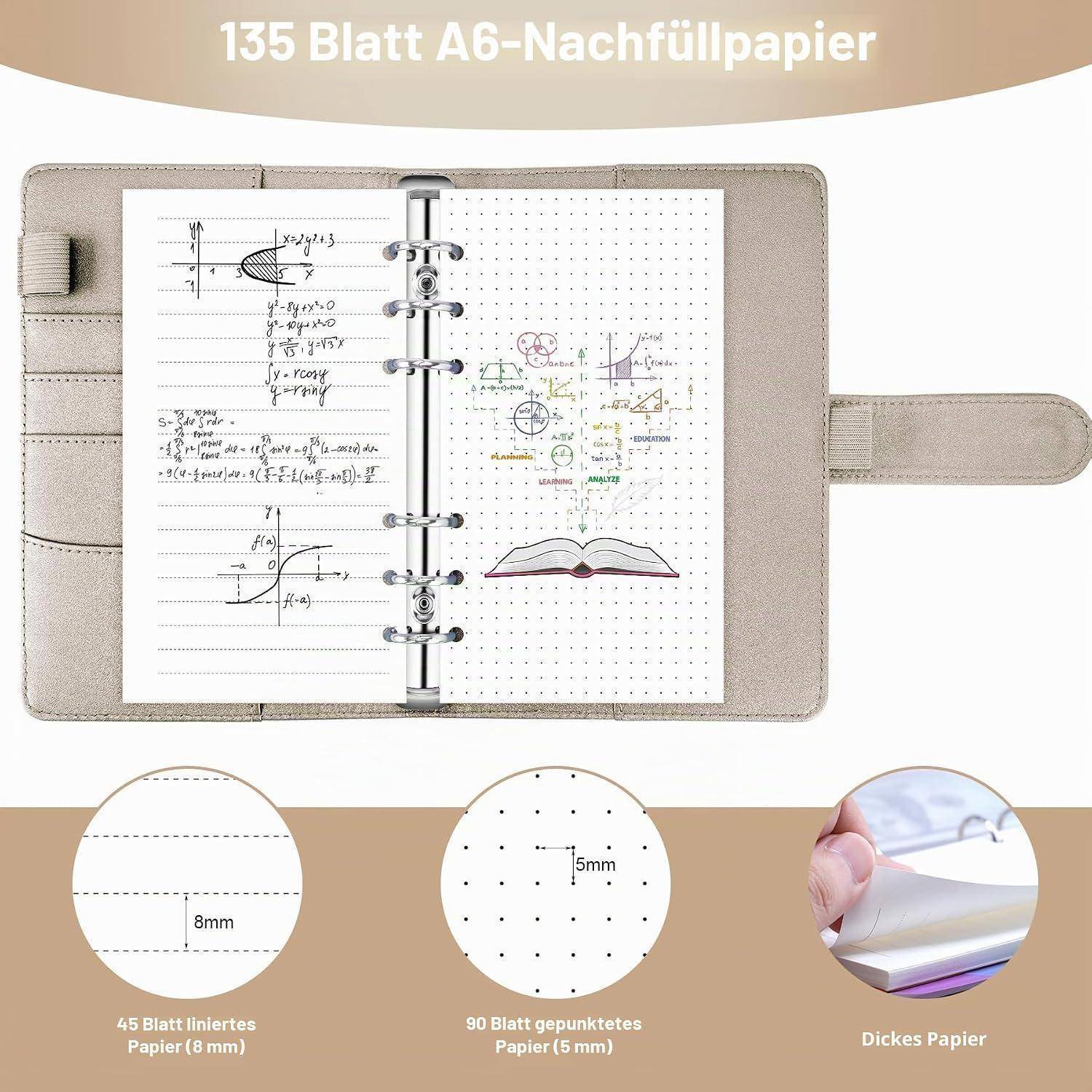 Beiges ringgebundenes A6-Ersatznotizbuch mit 135 Blättern: 45 linierte Seiten mit 8 mm Abstand und 90 gepunktete Seiten mit 5 mm Abstand, aufgeschlagen mit Mathenotizen dargestellt.