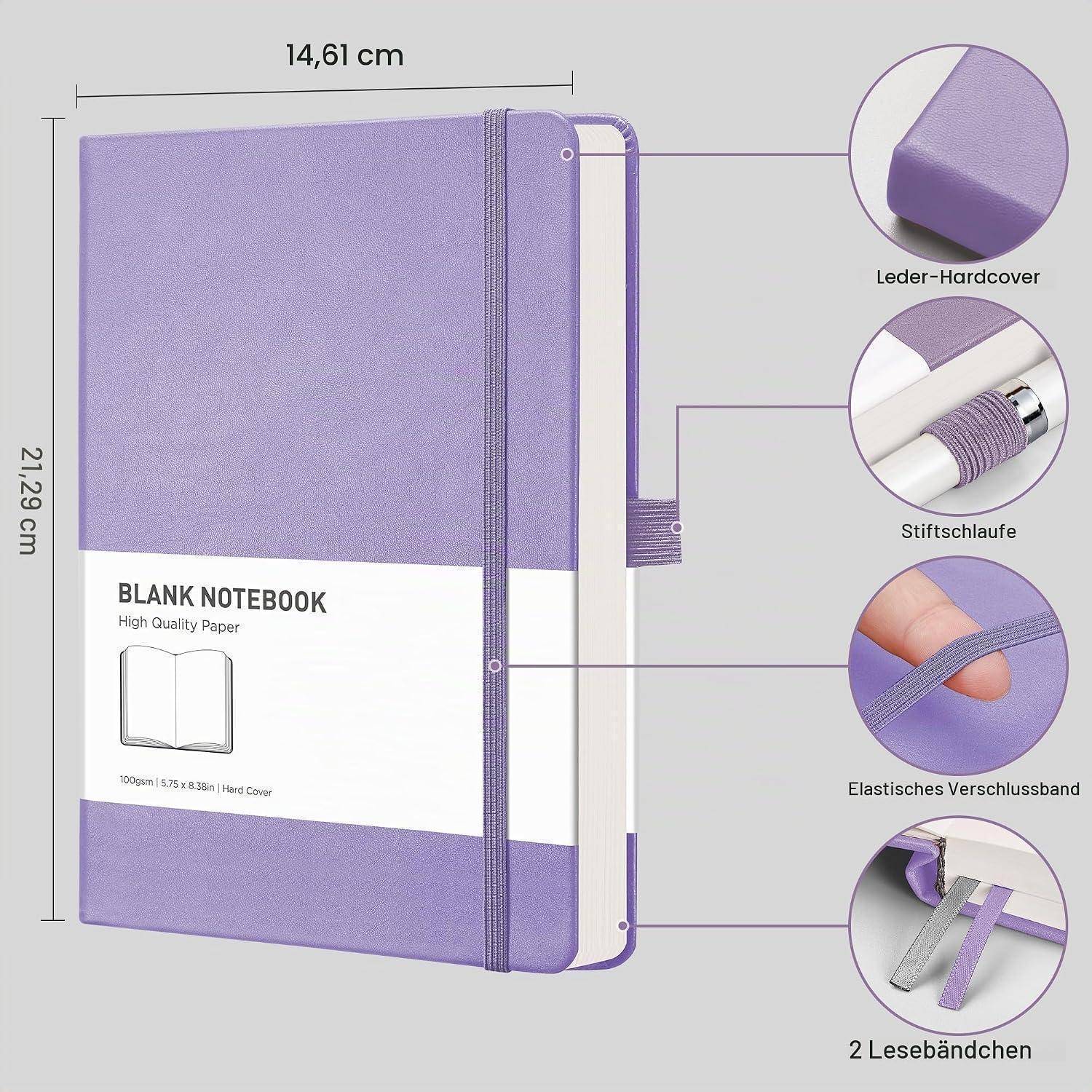 Violettes Hardcover-Notizbuch mit leeren Seiten, Gummiband-Verschluss, Stiftschlaufe und zwei Lesezeichenbändern; Abmessungen 14,61 cm × 21,29 cm.