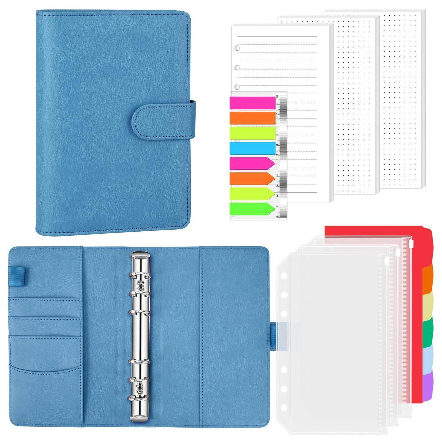 Blauer ringgebundener Planer und Organizer mit linierten und gepunkteten Nachfüllseiten, farbigen Registereitern und Taschen für Notizen und Karten.