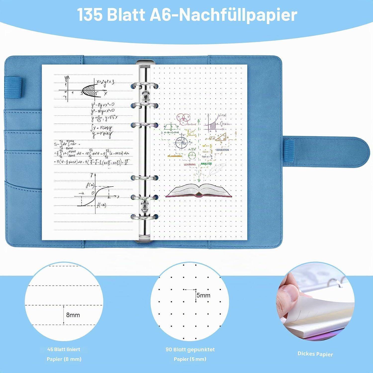 Blauer Ringbuchdeckel im A6-Format mit „135 Blatt A6-Nachfüllpapier