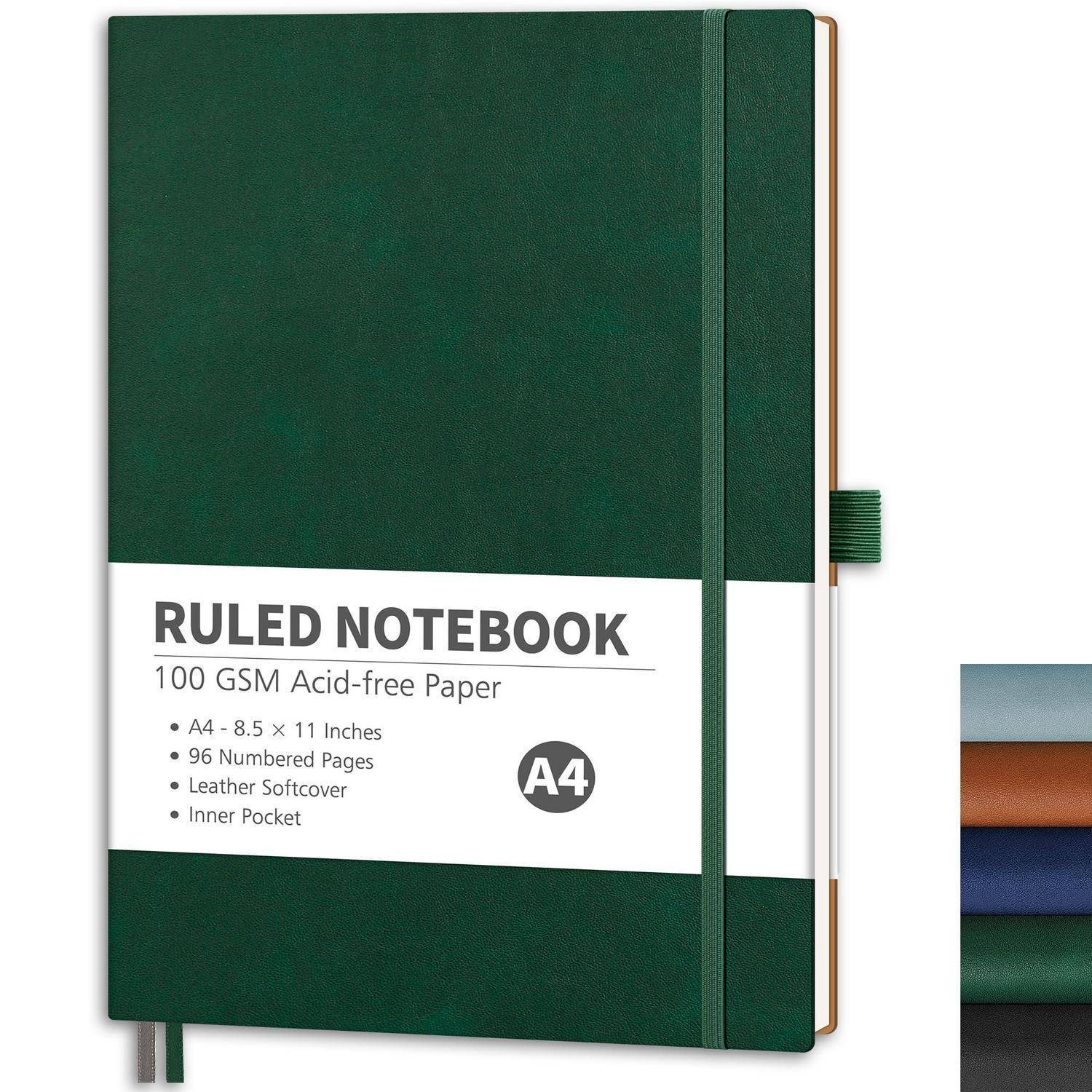 Grünes Hardcover-Liniennotebuch auf weißem Hintergrund, beschriftet mit 