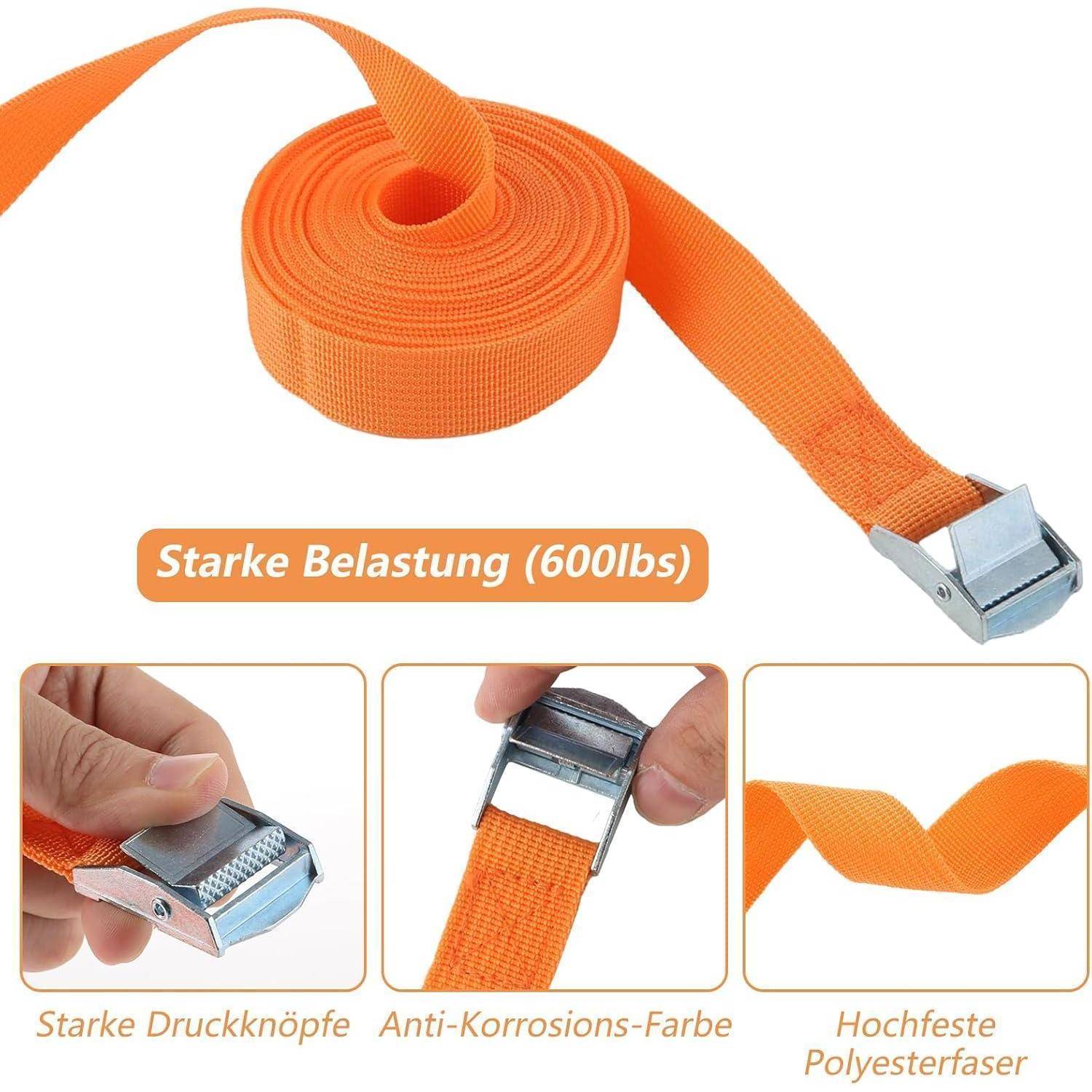 Oranges Zurrgurt aufgerollt mit Metallschnalle, beschriftet mit „Starke Belastung (600 lbs)