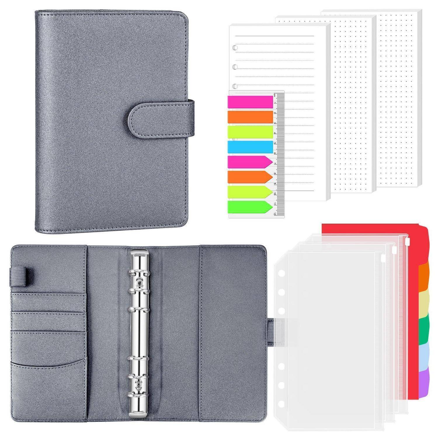 Grauer Ringbinder Planer Organizer mit Druckknopfverschluss, linierte und gepunktete Nachfüllsets, farbige Registerreiter und durchsichtige Taschenhüllen