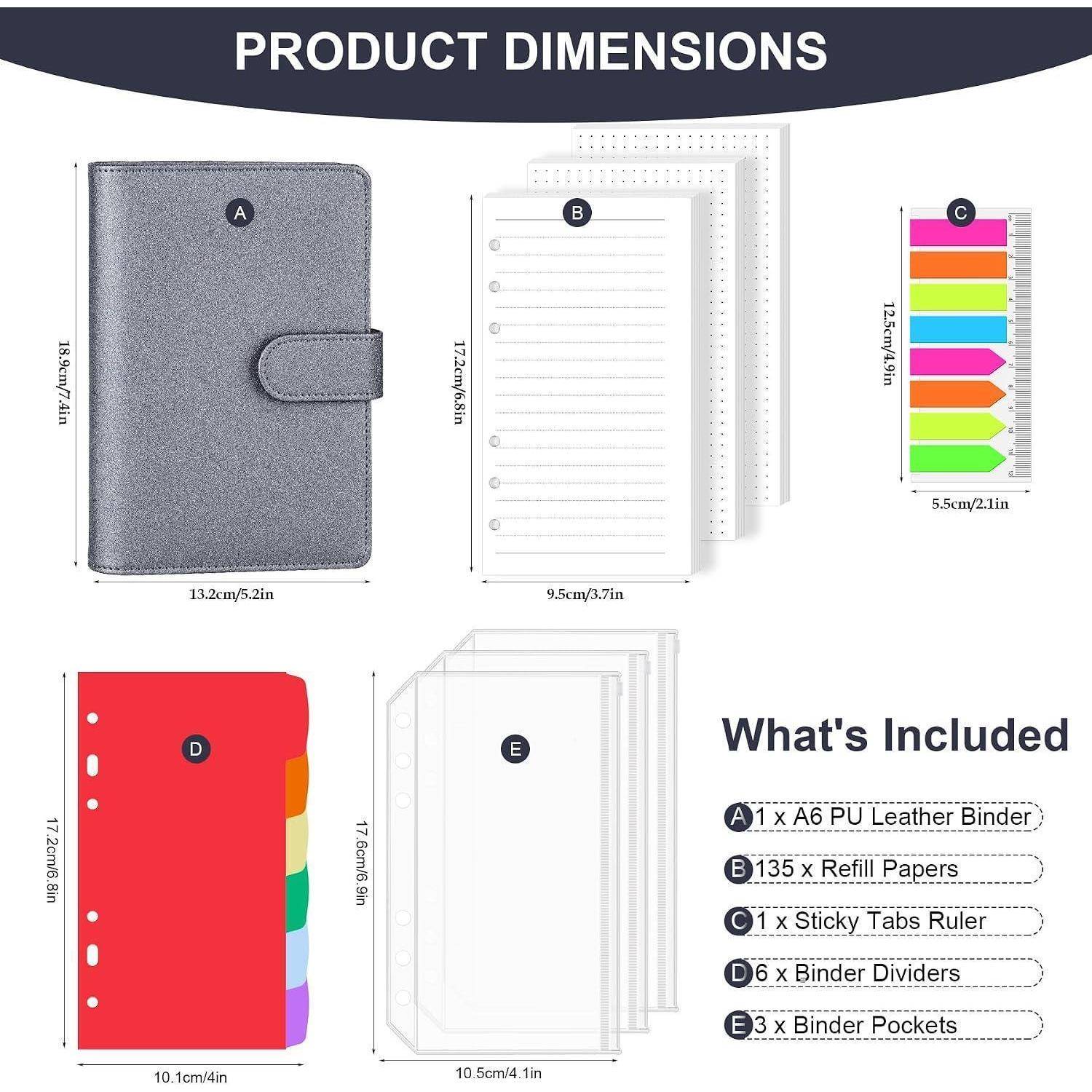 AKONEGE Ringbuch A6 PU-Leder nachfüllbares Notizbuch mit 135 Blatt 6 Löcher A6-Nachfüllpapier, Bindertaschen, Trennblätter, Haftmarkern, Planer-Or