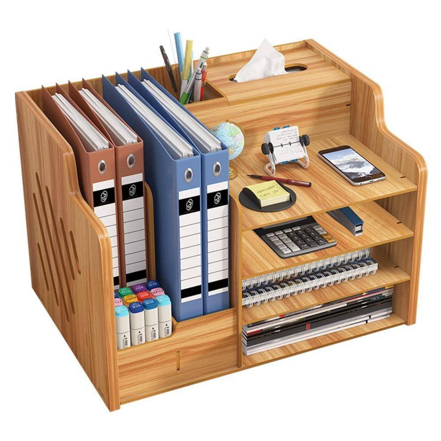 Holzschreibtisch-Organizer mit Aktenordnern, Stiften, Taschenrechner, Haftnotizen, Telefon, Taschentuchbox und Papieraufbewahrungsfächern.